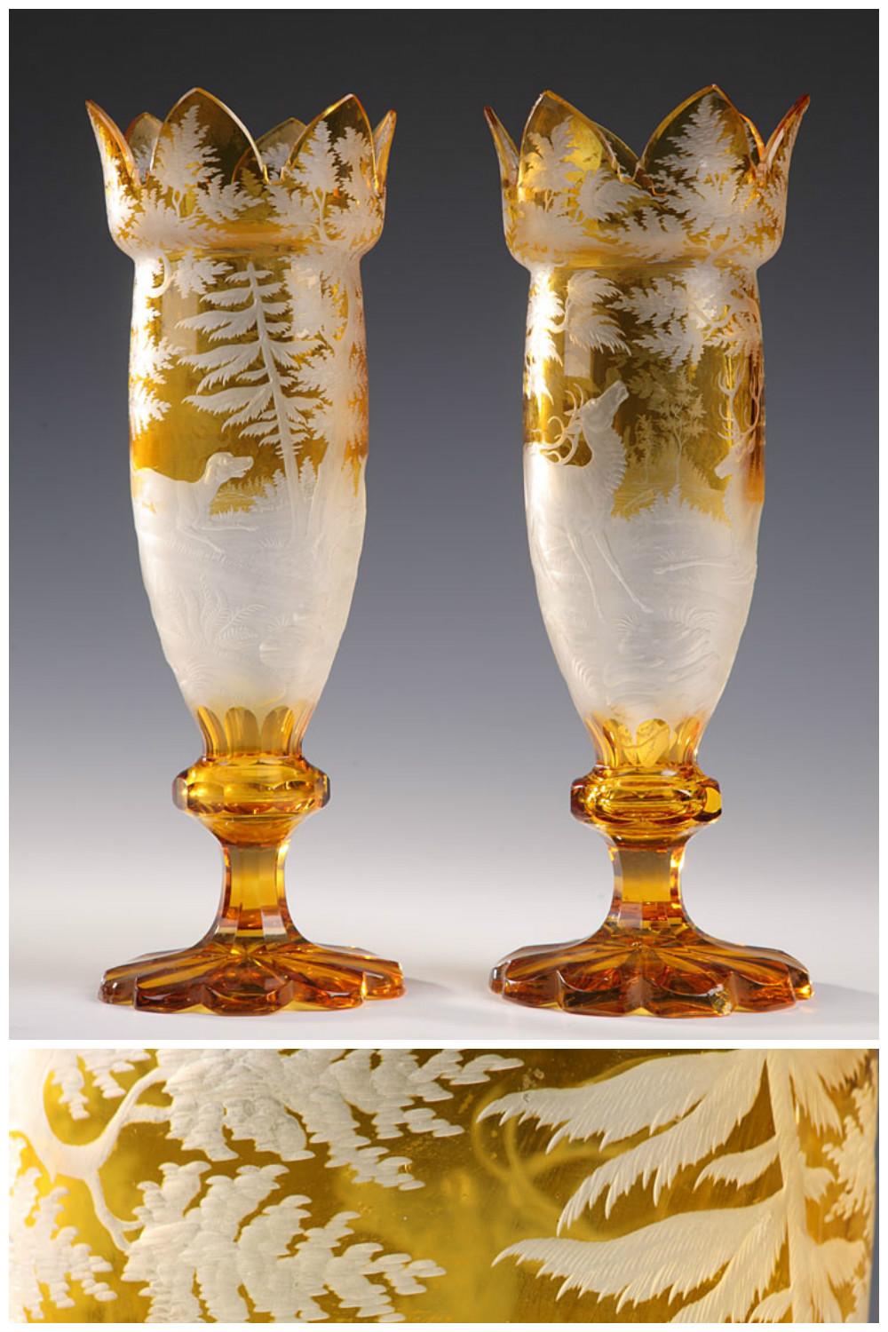 Paar gelbe böhmische Kristallvasen aus dem 19 (Tschechisch) im Angebot