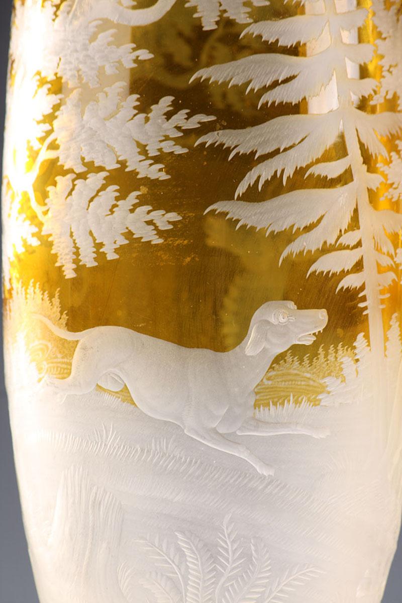 Engraved Pair of 19th Century Yellow Bohemian Crystal Vases For Sale