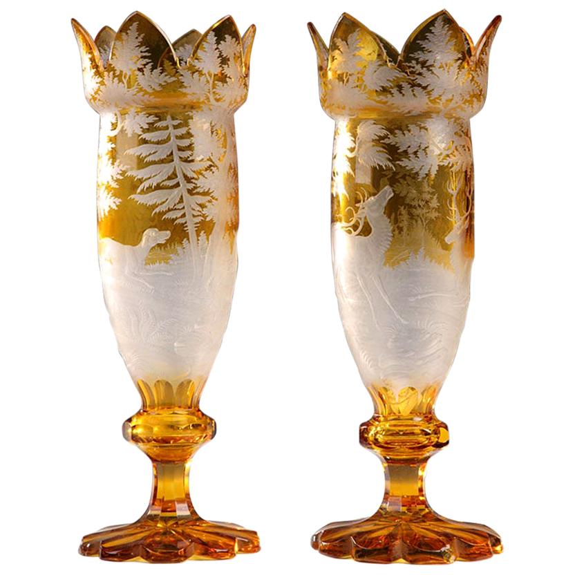 Pair of 19th Century Yellow Bohemian Crystal Vases For Sale