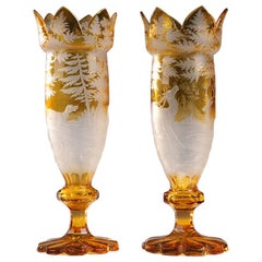 Pair of 19th Century Yellow Bohemian Crystal Vases
