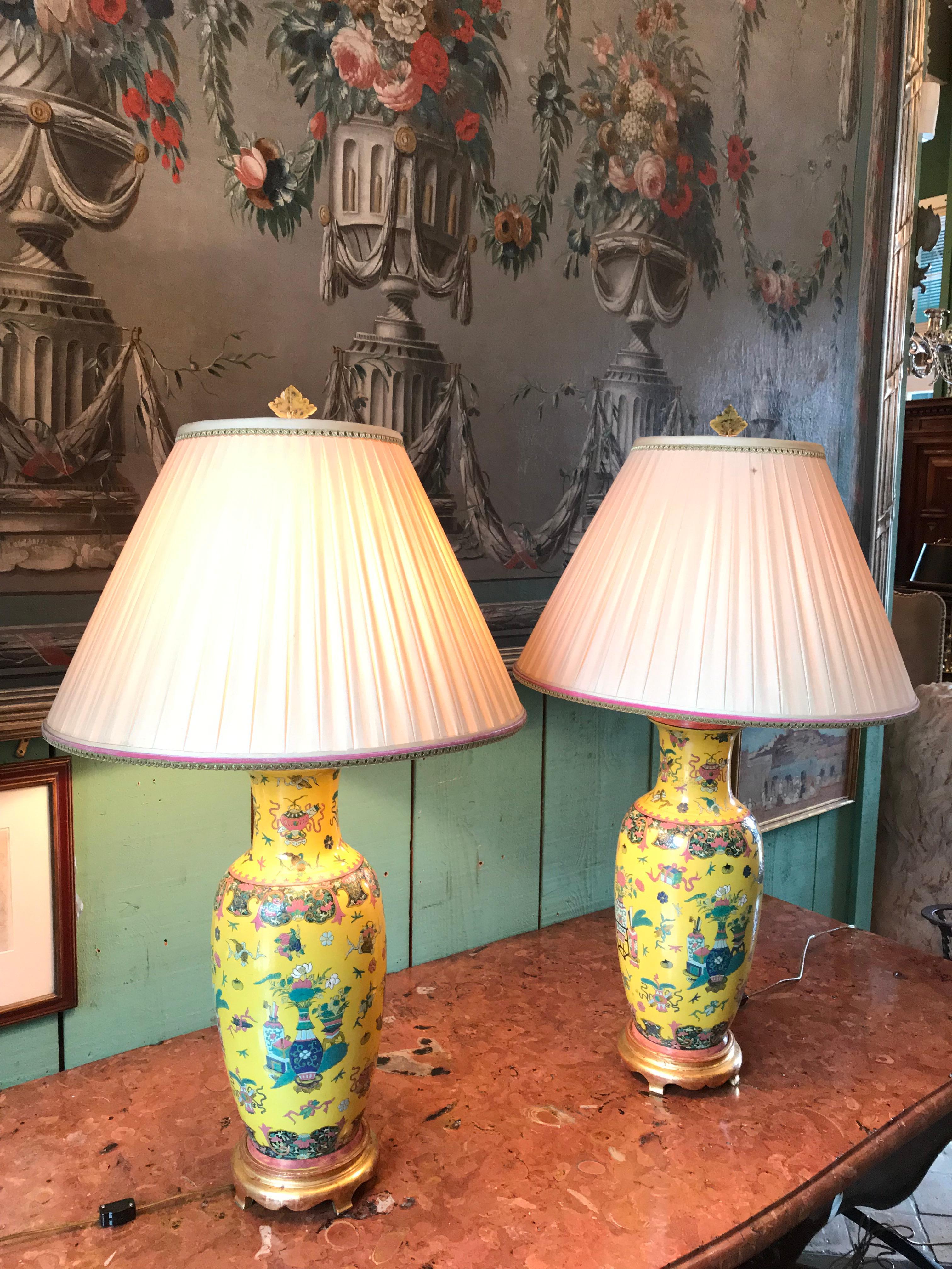 Chinese Export Pair of 19th Century Yellow Chinese Vases Made into Lamps