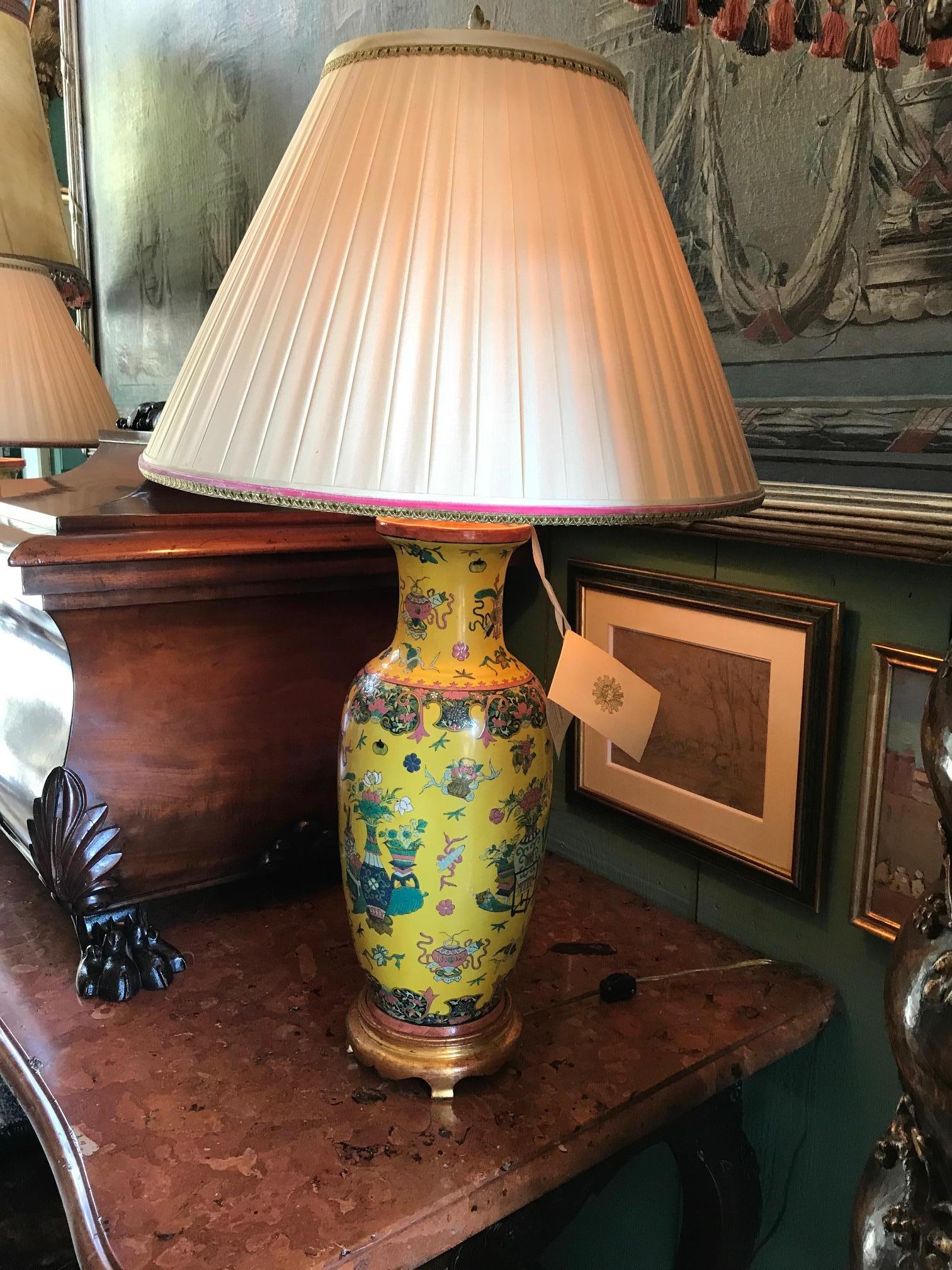 Pair of 19th Century Yellow Chinese Vases Made into Lamps 1