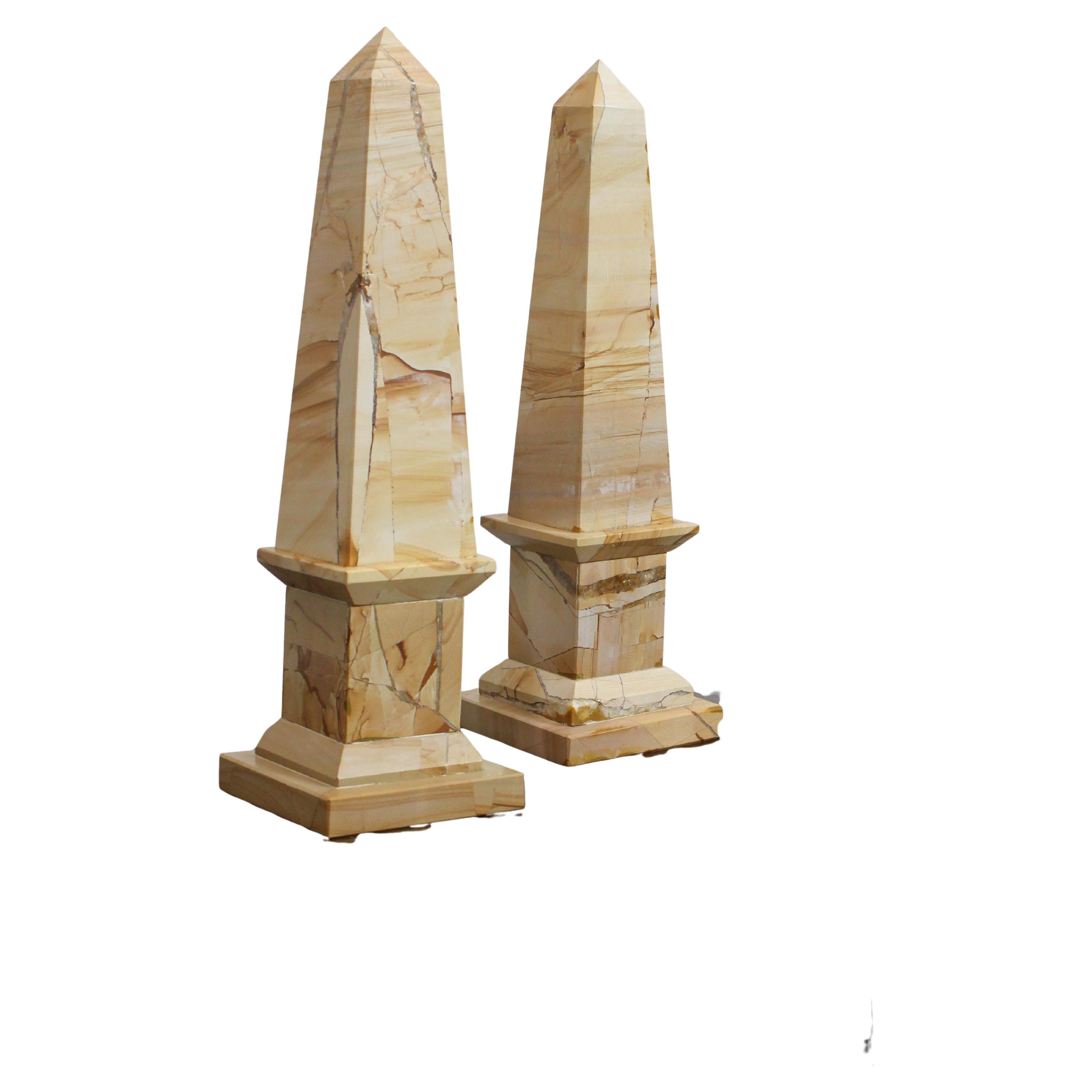 Pair of 19th Century Yellow Teak Wood Marble Obelisks, Italy For Sale