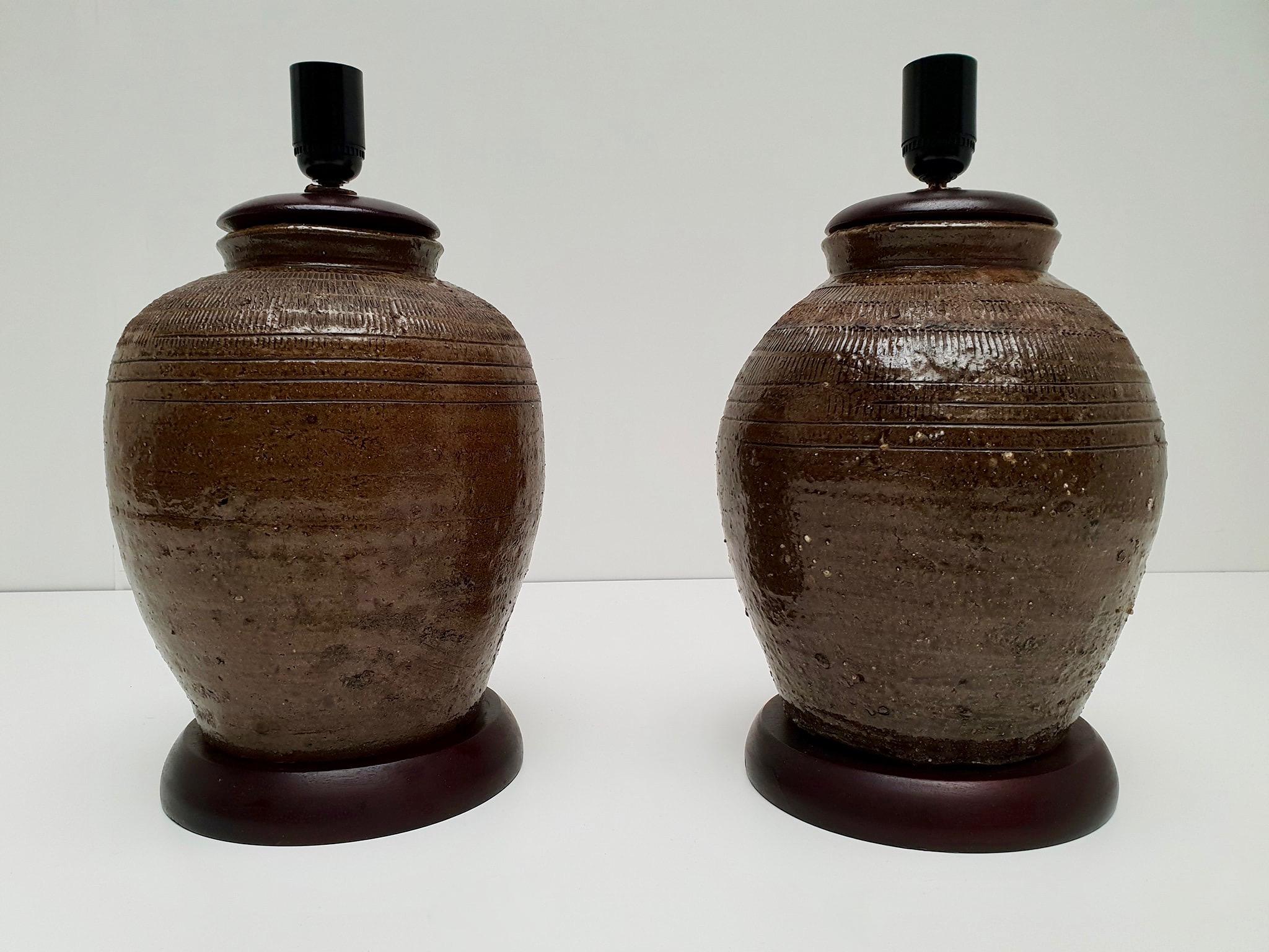 Mid-Century Modern Pair of 19th Century, Ceramic Urn or Jar Table Lamps For Sale