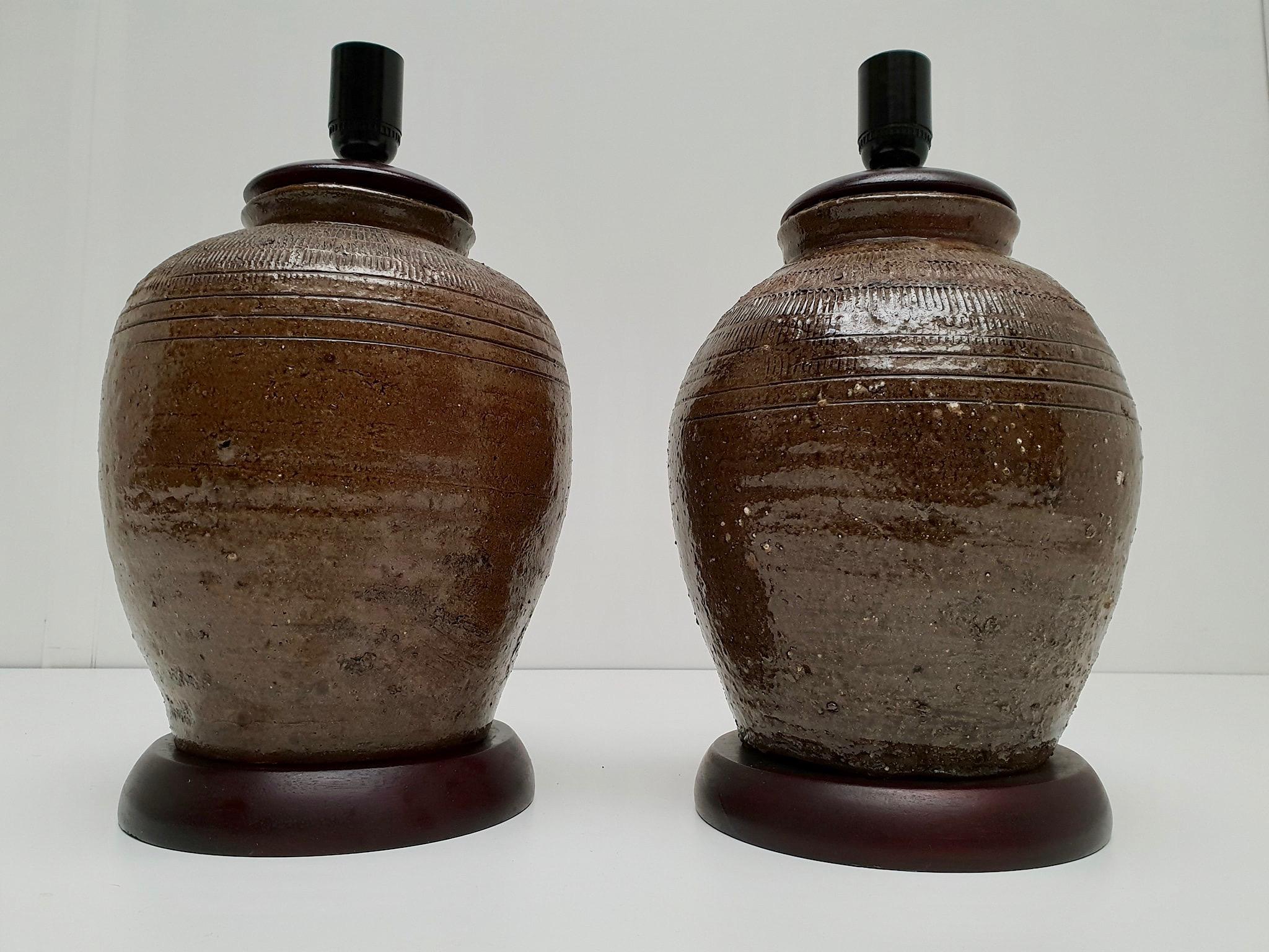 Pair of 19th Century, Ceramic Urn or Jar Table Lamps For Sale 1