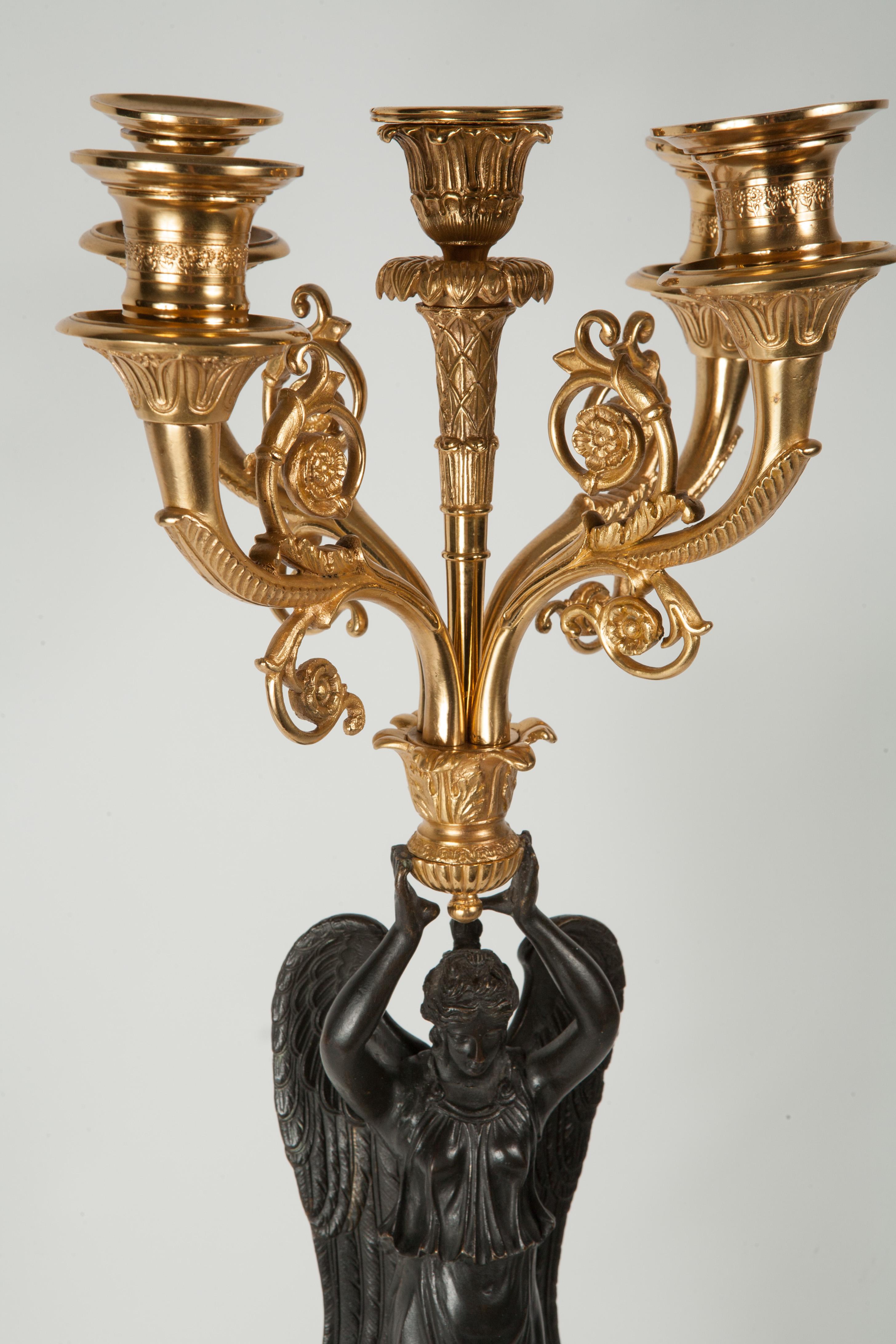 French Pair of 19th-Century Empire Style Bronze and Gilt Candelabras