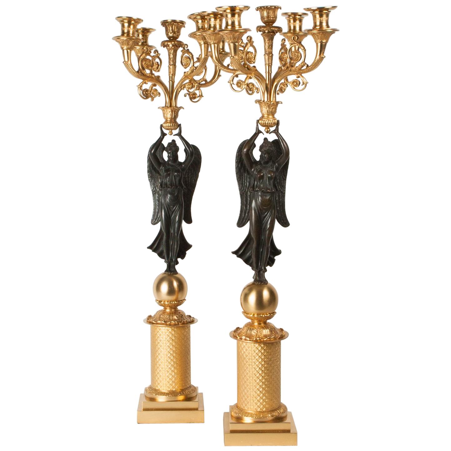 Pair of 19th-Century Empire Style Bronze and Gilt Candelabras
