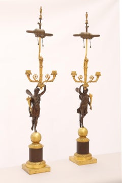 Pair of 19th Century French Ormolu and Patinated Bronze Figural Candelabra Lamps
