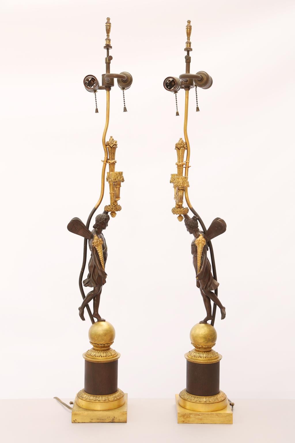 Pair of 19th Century French Ormolu and Patinated Bronze Figural Candelabra Lamps 3