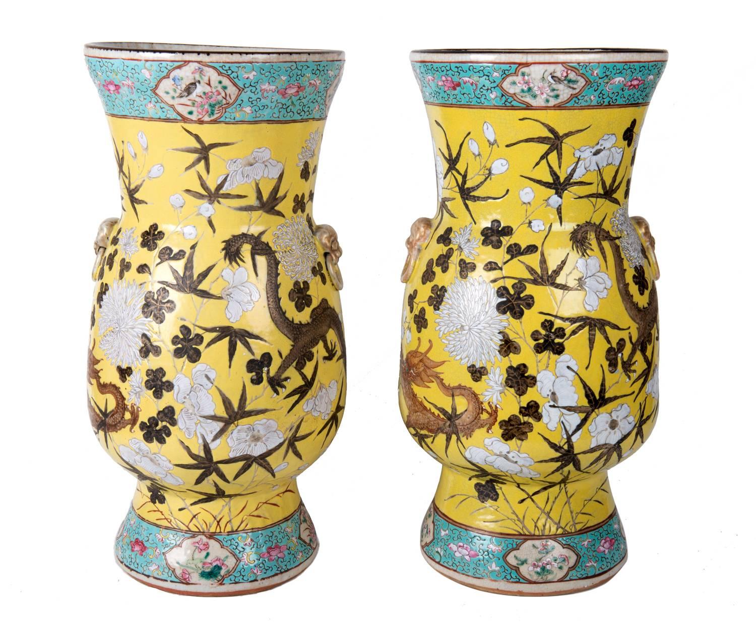 Hand-Painted Pair of 19th Chinese Famille Jaune Crackelware Vases / lamps For Sale