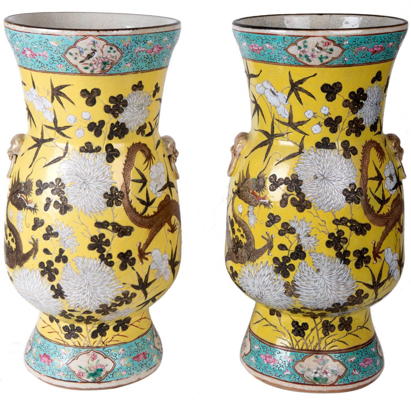 Pair of 19th century Chinese Famille jaune crackleware vases. Having this wonderful yellow ground decoration, with turquoise boarders to the top and bottom. Mythical dragons amongst chrysanthemums.
We can have these vases converted to lamps if