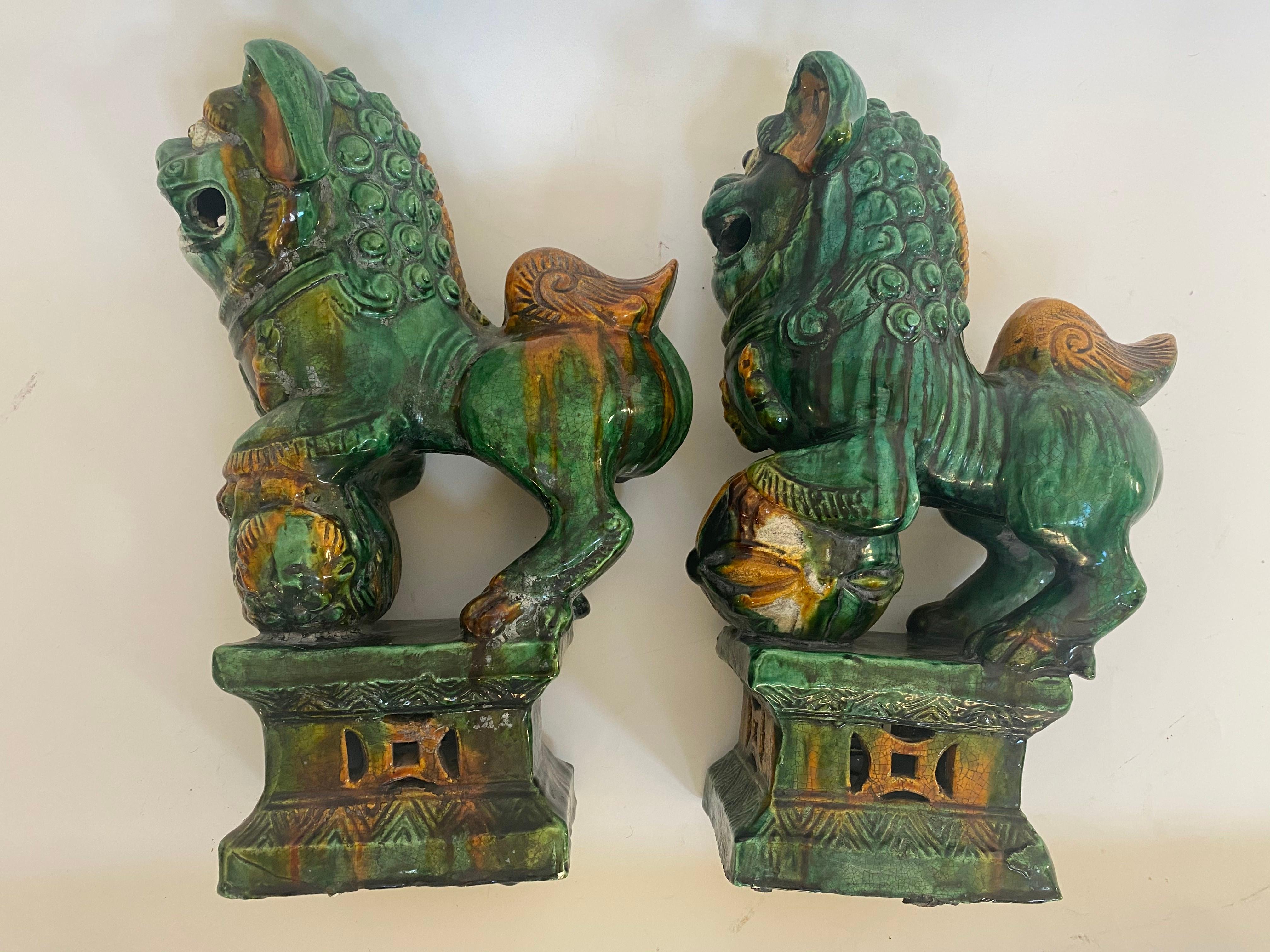 Pair of 19th Chinese Tri-Colored Glazed Foo Lions /Dogs 4