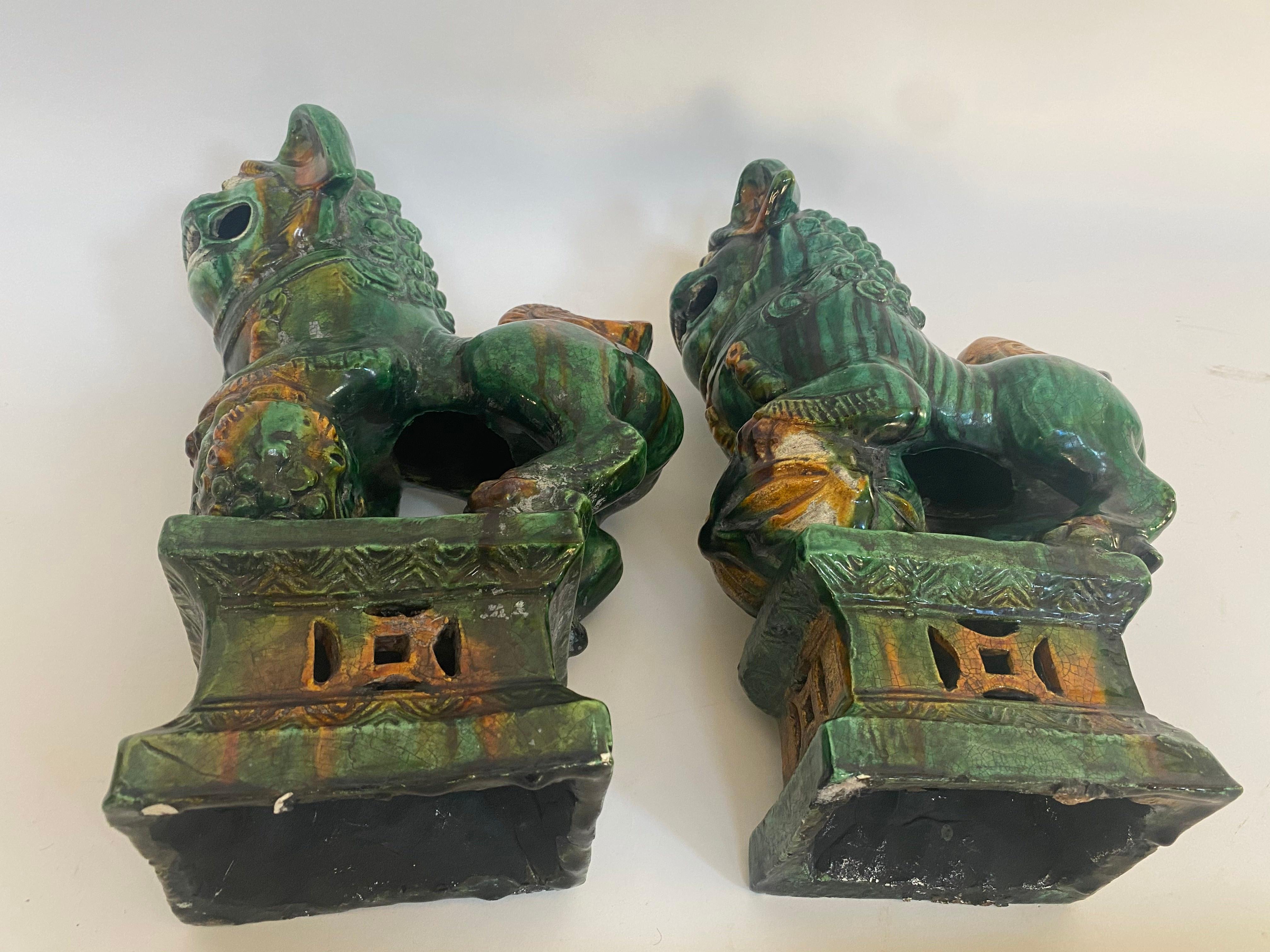 Pair of 19th Chinese Tri-Colored Glazed Foo Lions /Dogs 5