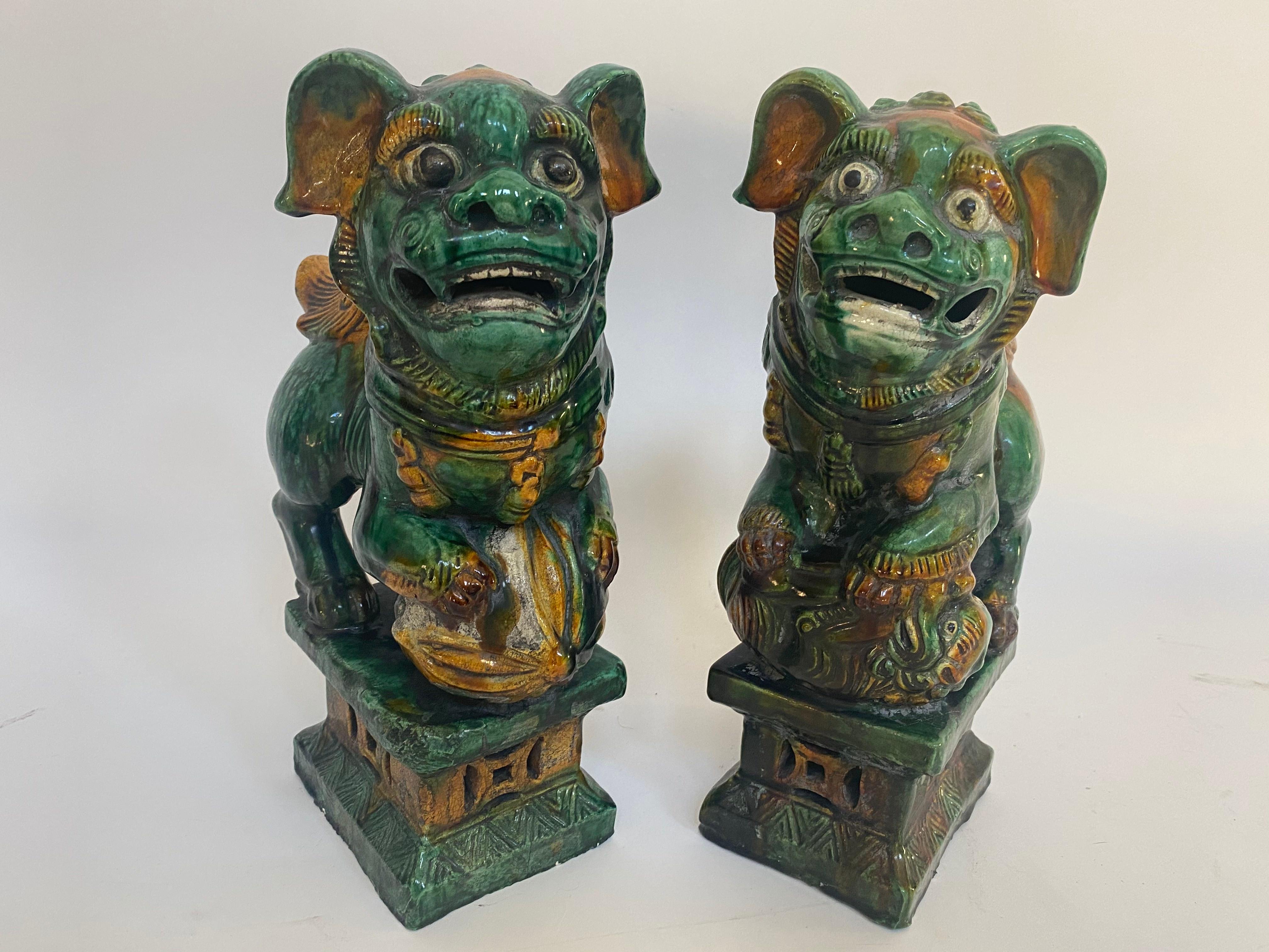 Chinoiserie Pair of 19th Chinese Tri-Colored Glazed Foo Lions /Dogs