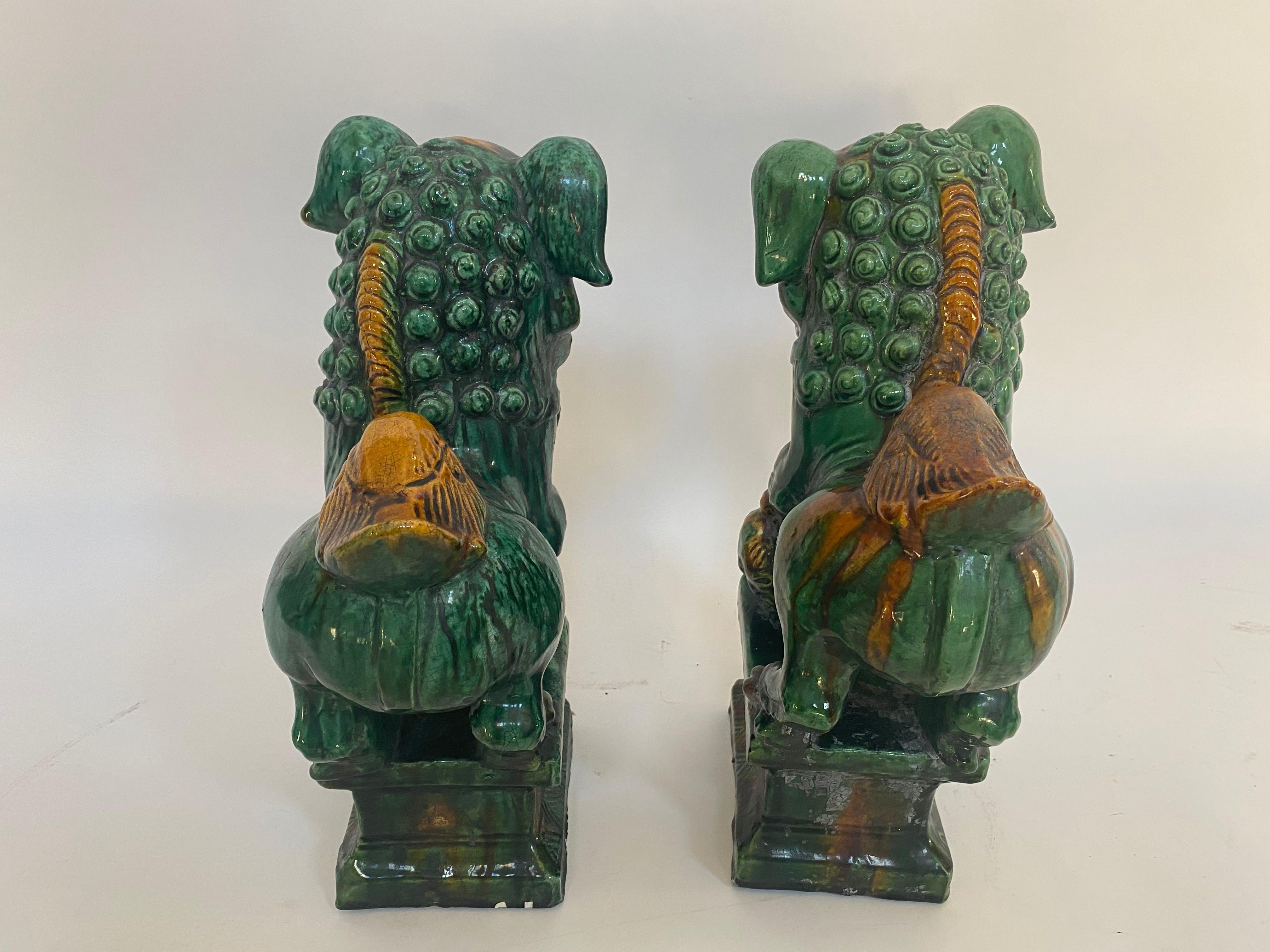 Pair of 19th Chinese Tri-Colored Glazed Foo Lions /Dogs In Good Condition In Brea, CA