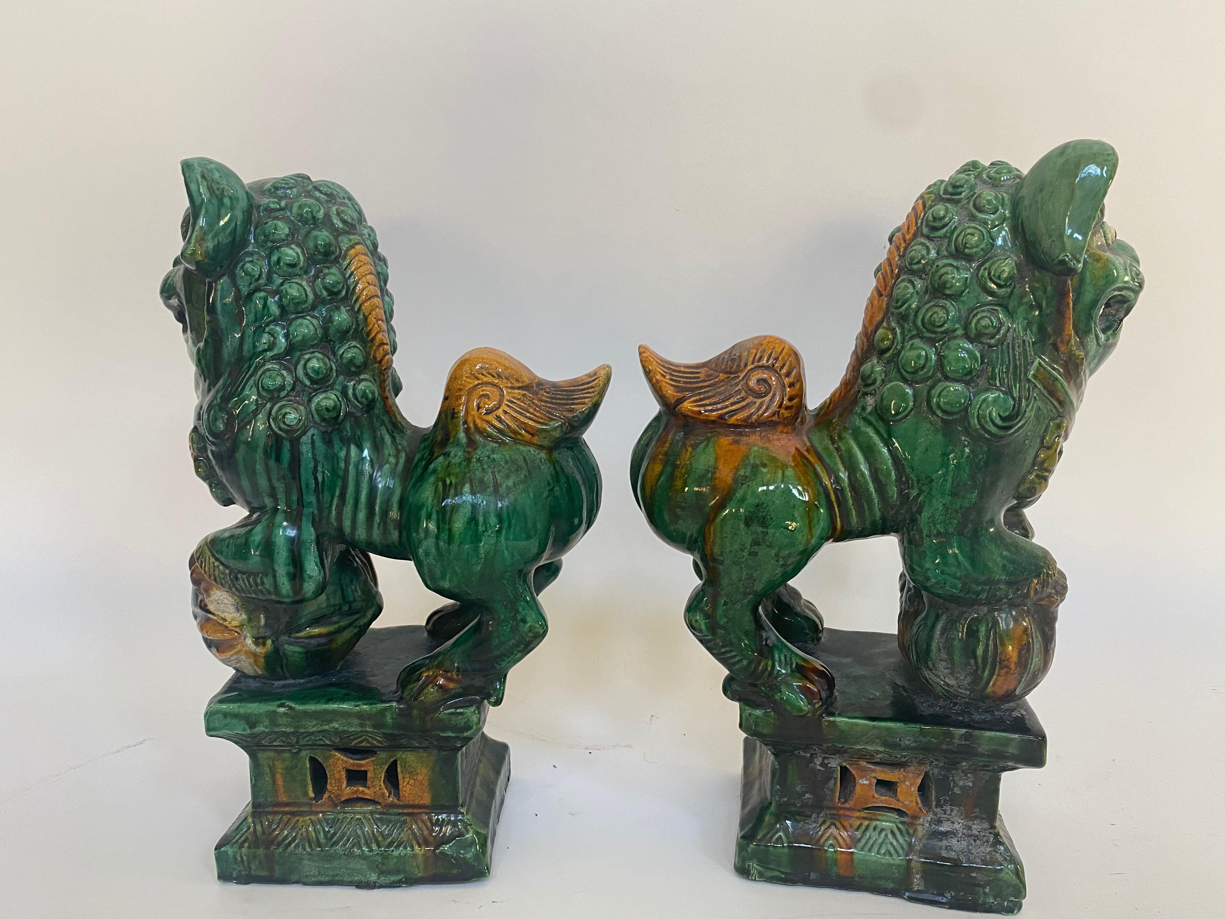 19th Century Pair of 19th Chinese Tri-Colored Glazed Foo Lions /Dogs