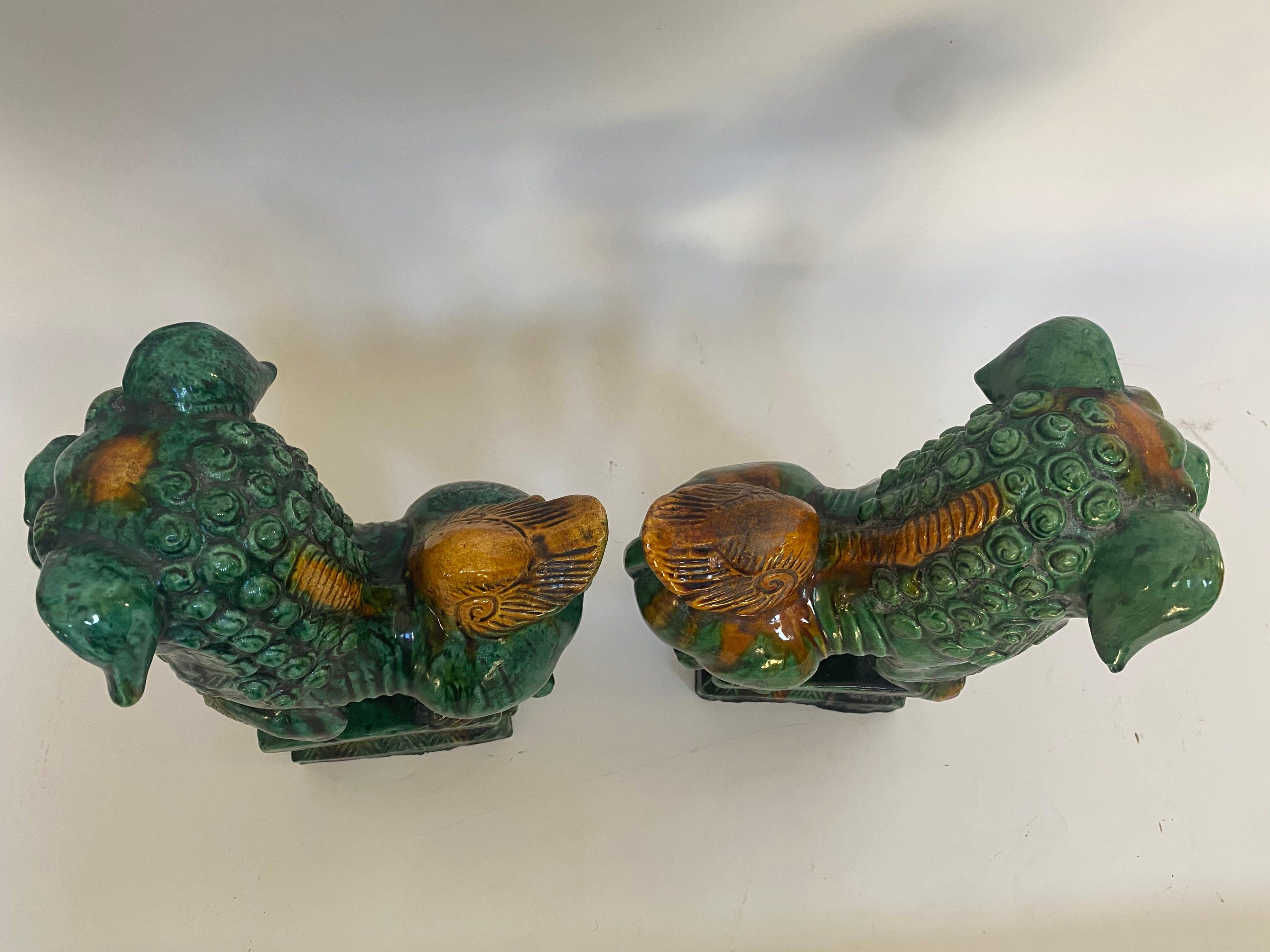 Ceramic Pair of 19th Chinese Tri-Colored Glazed Foo Lions /Dogs