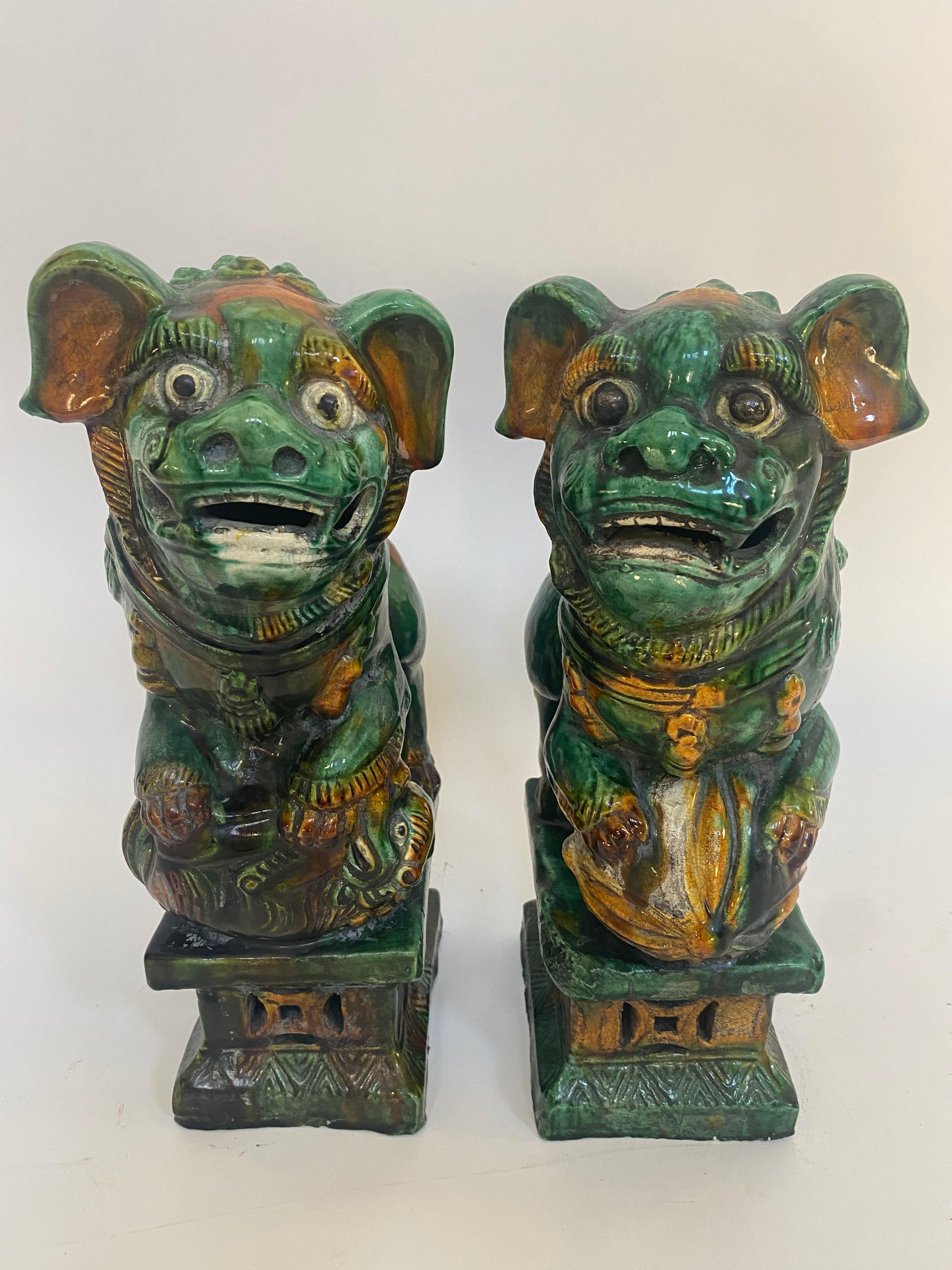 Pair of 19th Chinese Tri-Colored Glazed Foo Lions /Dogs 1