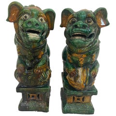 Antique Pair of 19th Chinese Tri-Colored Glazed Foo Lions /Dogs