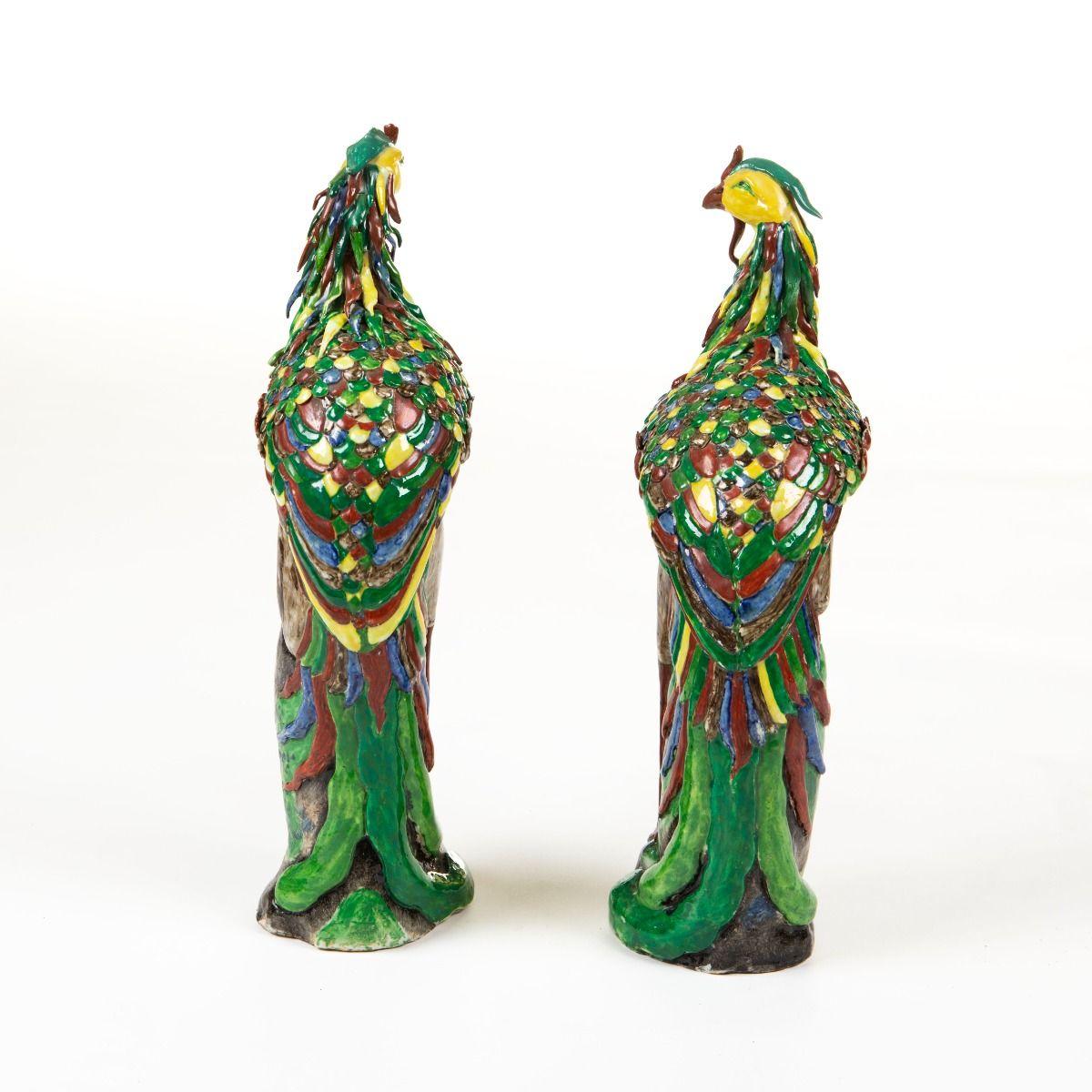 Glazed Pair of 19th Crt.  Decorativ Chinese Polychrome Porcelain Phoenix  Bird Figures For Sale