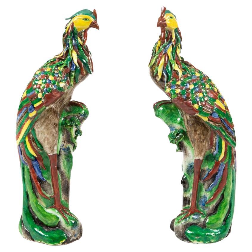 Pair of 19th Crt.  Decorativ Chinese Polychrome Porcelain Phoenix  Bird Figures