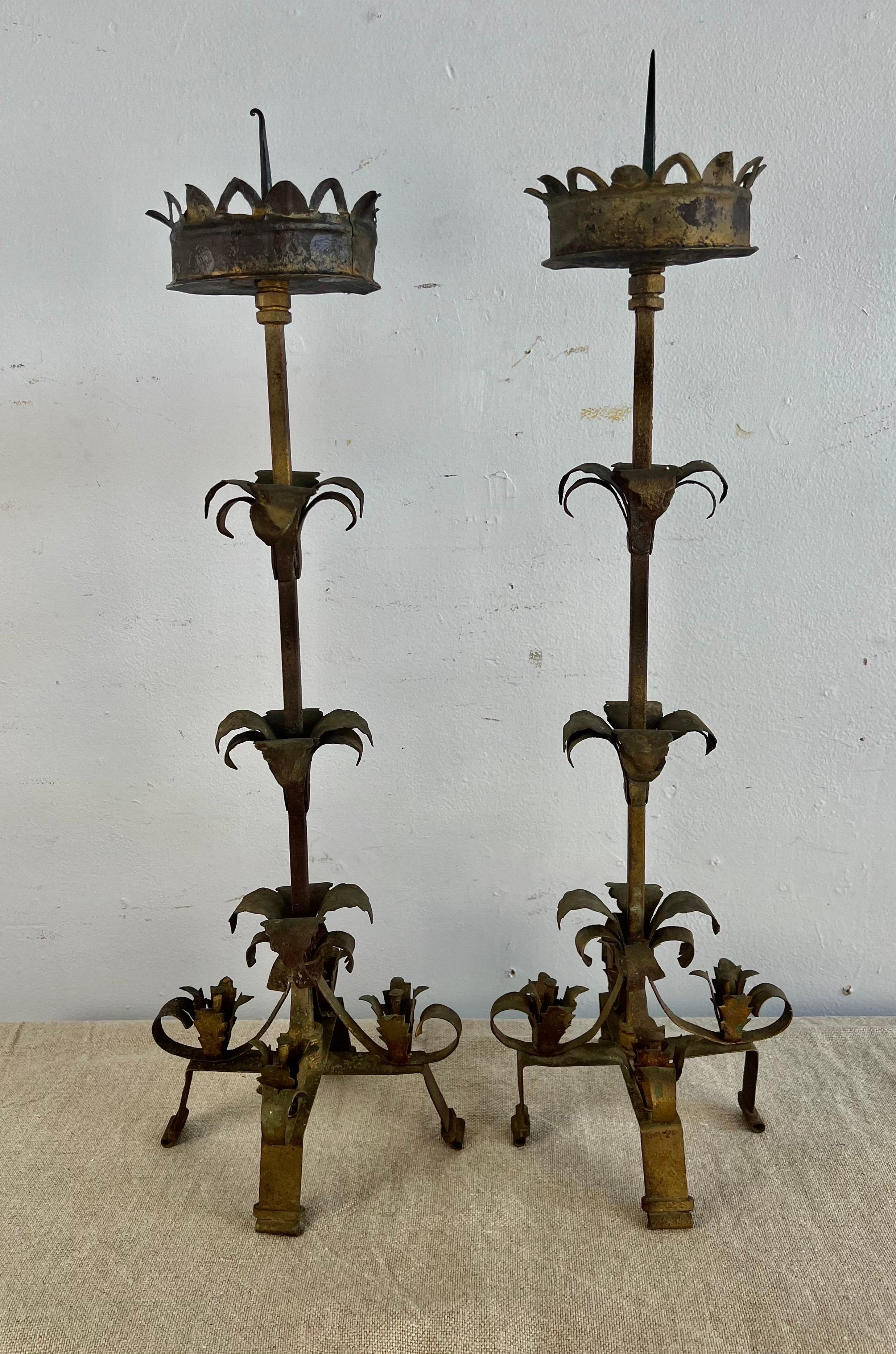 Pair of 19th C.Spanish Wrought Iron Candlesticks 5