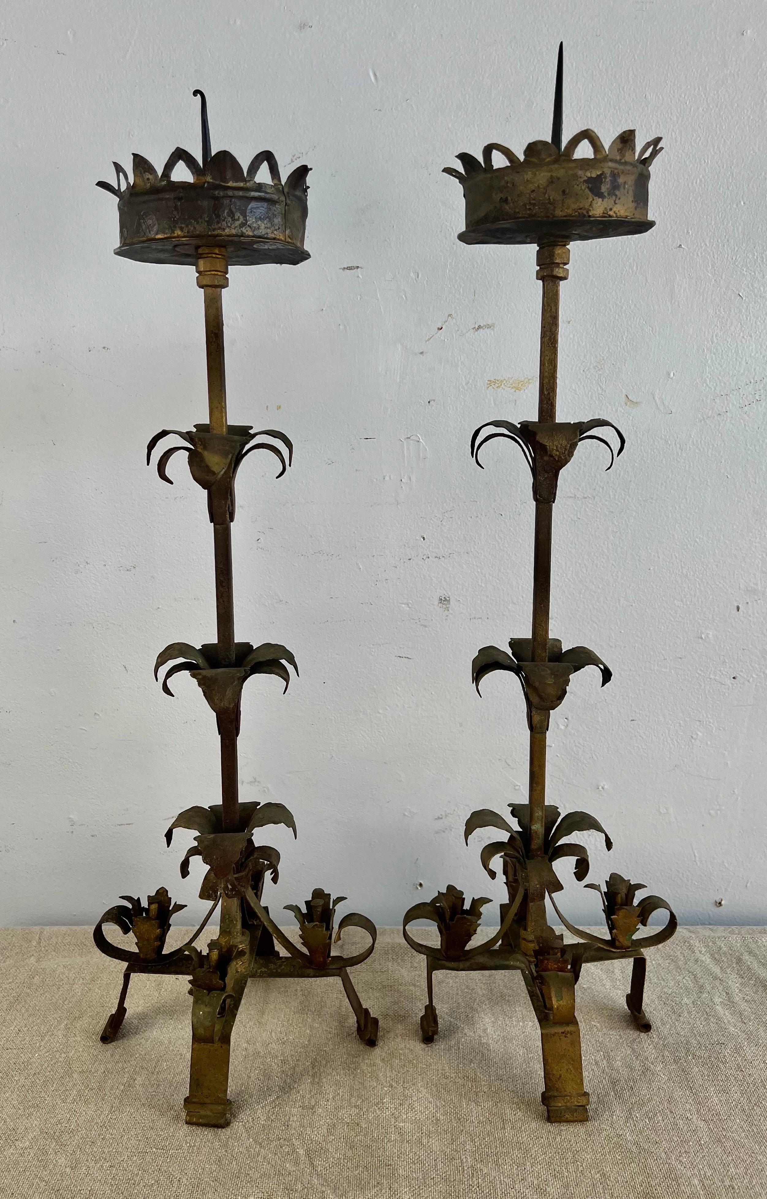 Pair of 19th C.Spanish Wrought Iron Candlesticks 6