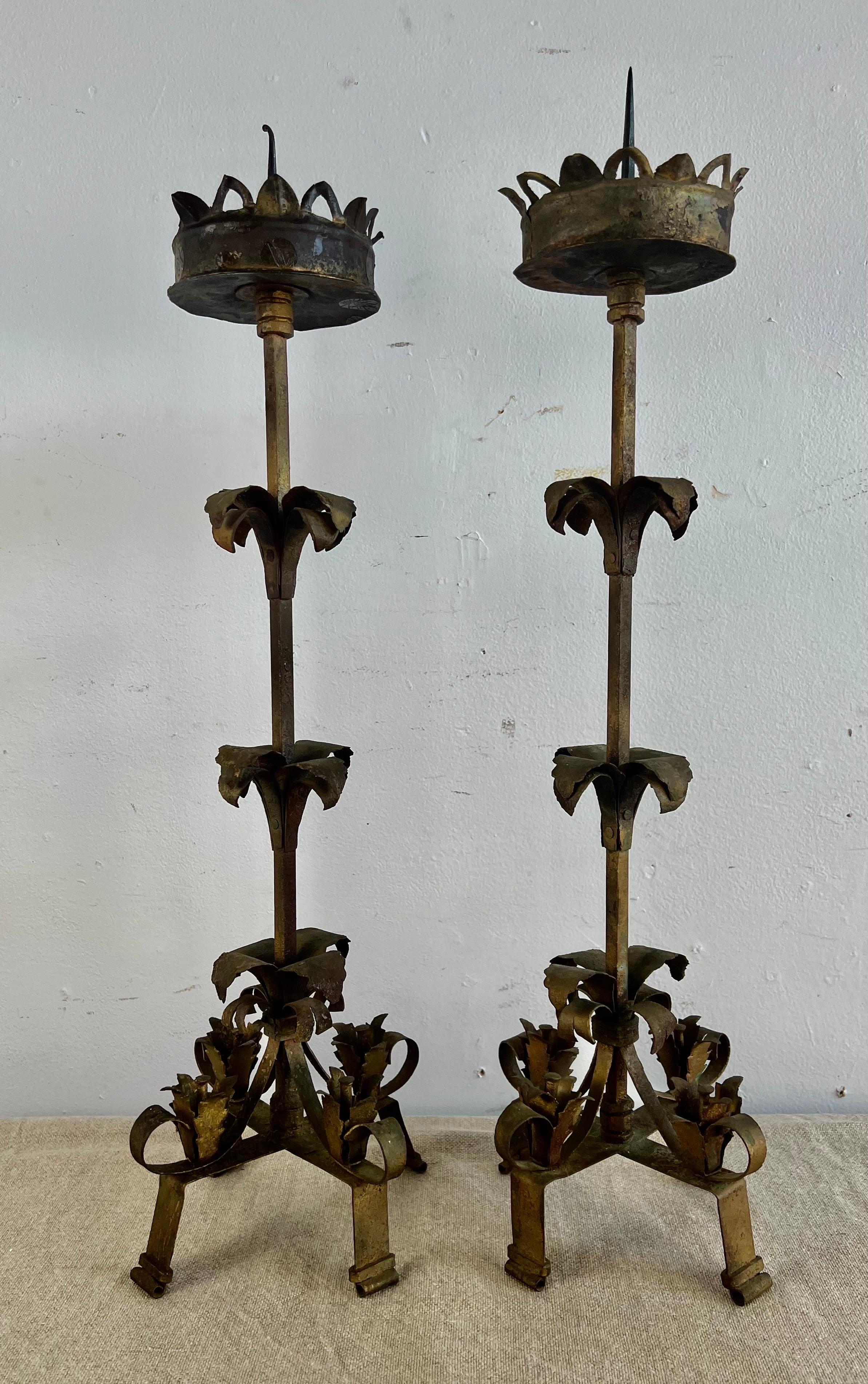 Baroque Pair of 19th C.Spanish Wrought Iron Candlesticks