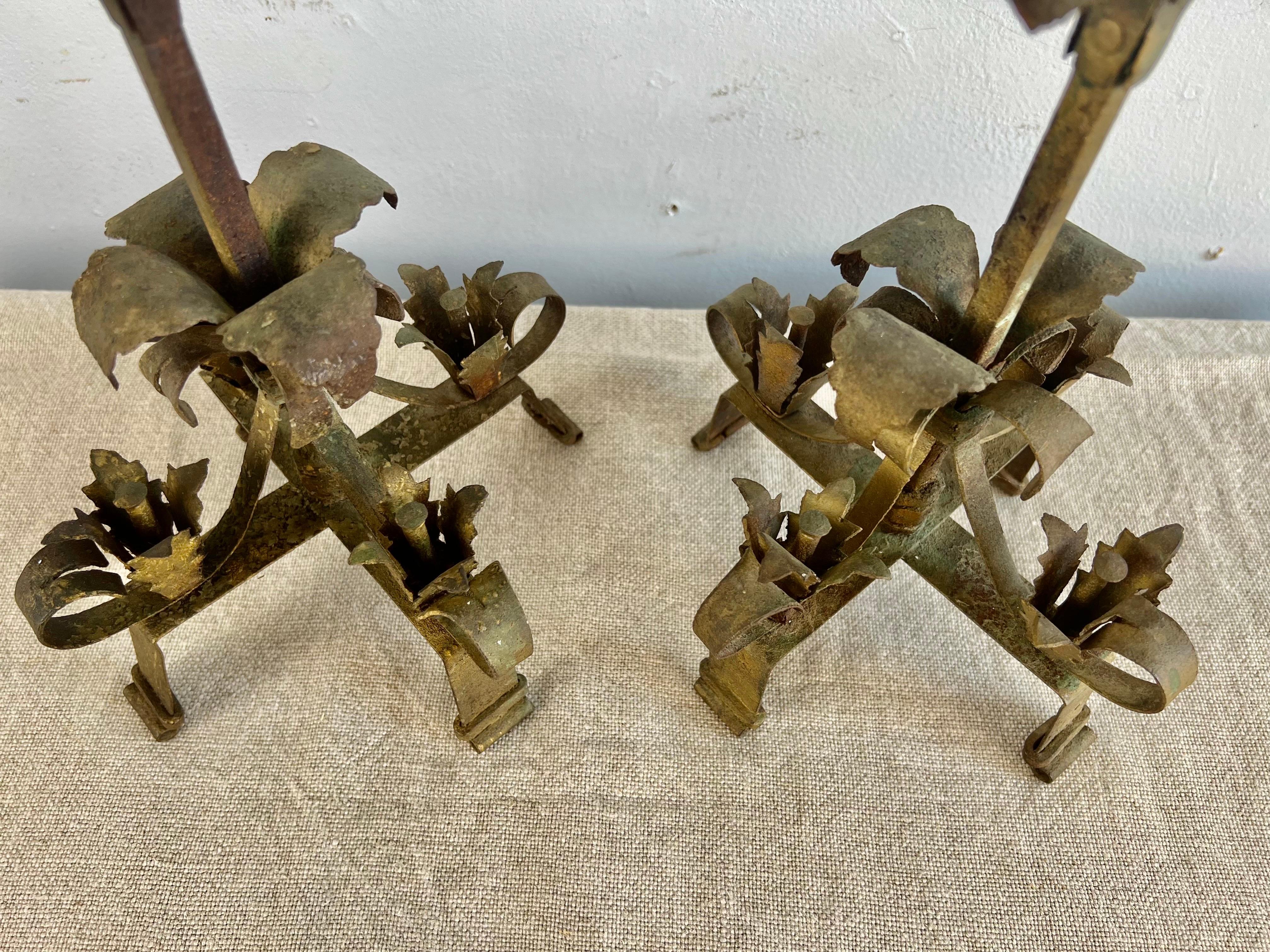 Pair of 19th C.Spanish Wrought Iron Candlesticks 1