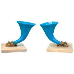 Pair of 19th-Early 20th Century Blue Opaline Glass and Bronze Cornucopias