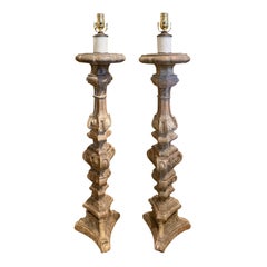 Pair of 19th-Early 20th Century Carved Italian Prickets as Floor Lamps