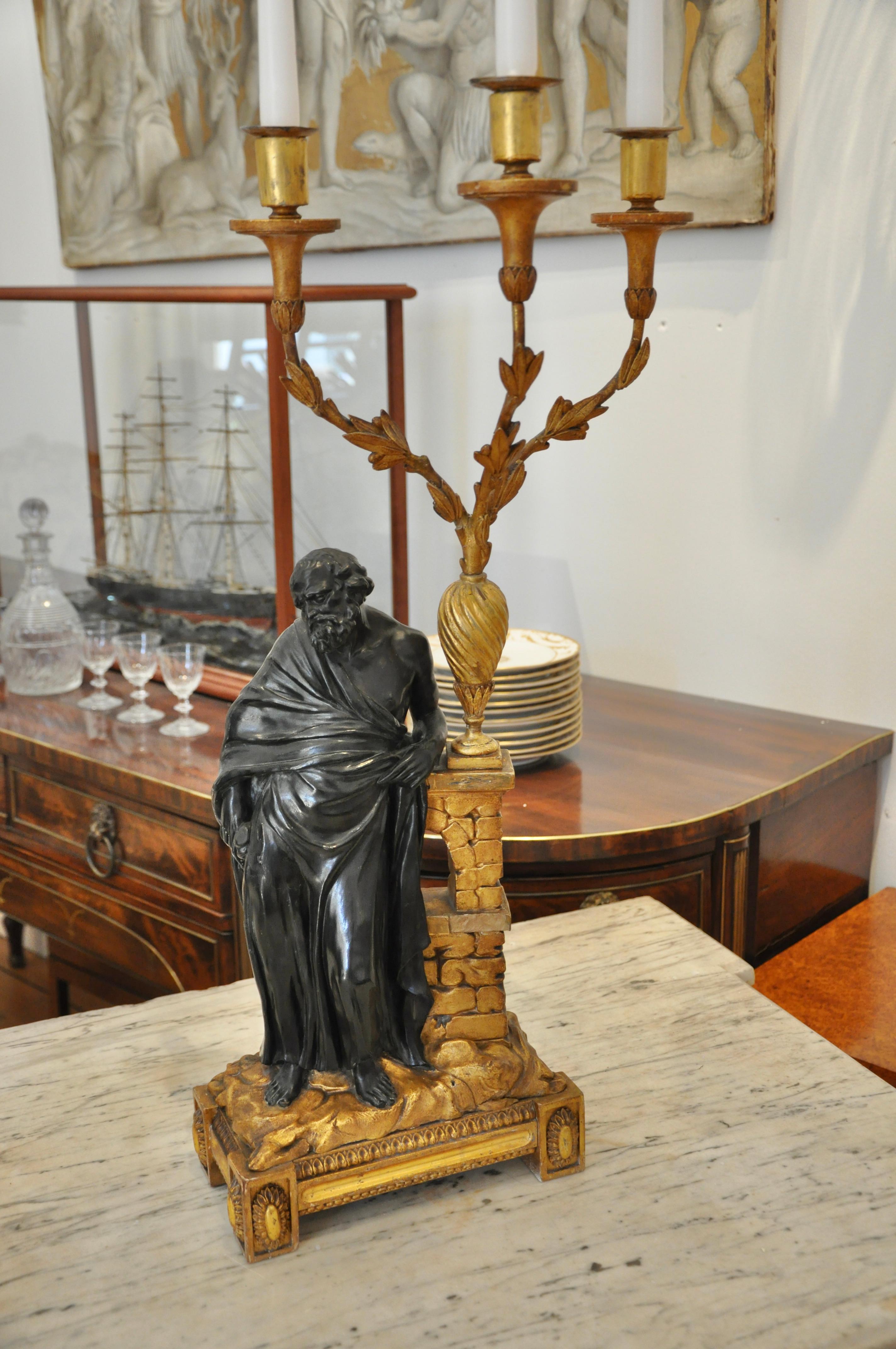 Bronzed Pair of 19th Early Century Irish Giltwood Candelabra of Socrates and Plato For Sale