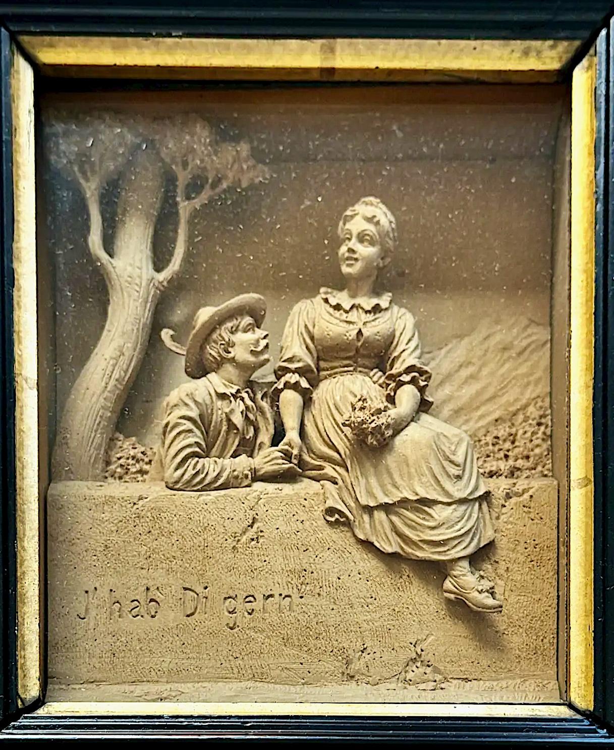 Folk Art Pair of 19th-century Limewood Carvings of Romantic Tyrolean Scenes For Sale