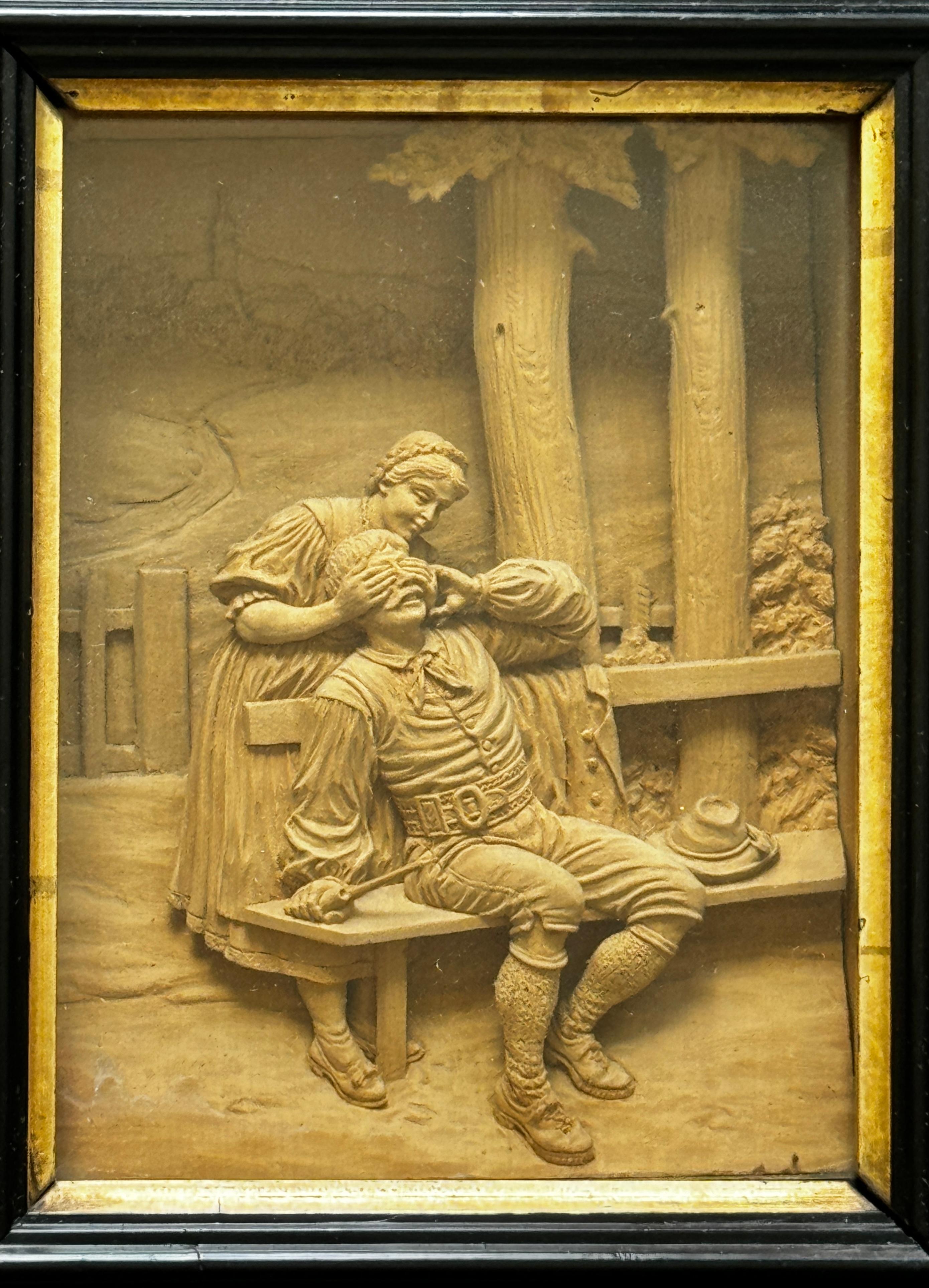 Pair of 19th Framed Century Carved Lime Wood Sculptures Depicting Romantic Scene For Sale 3