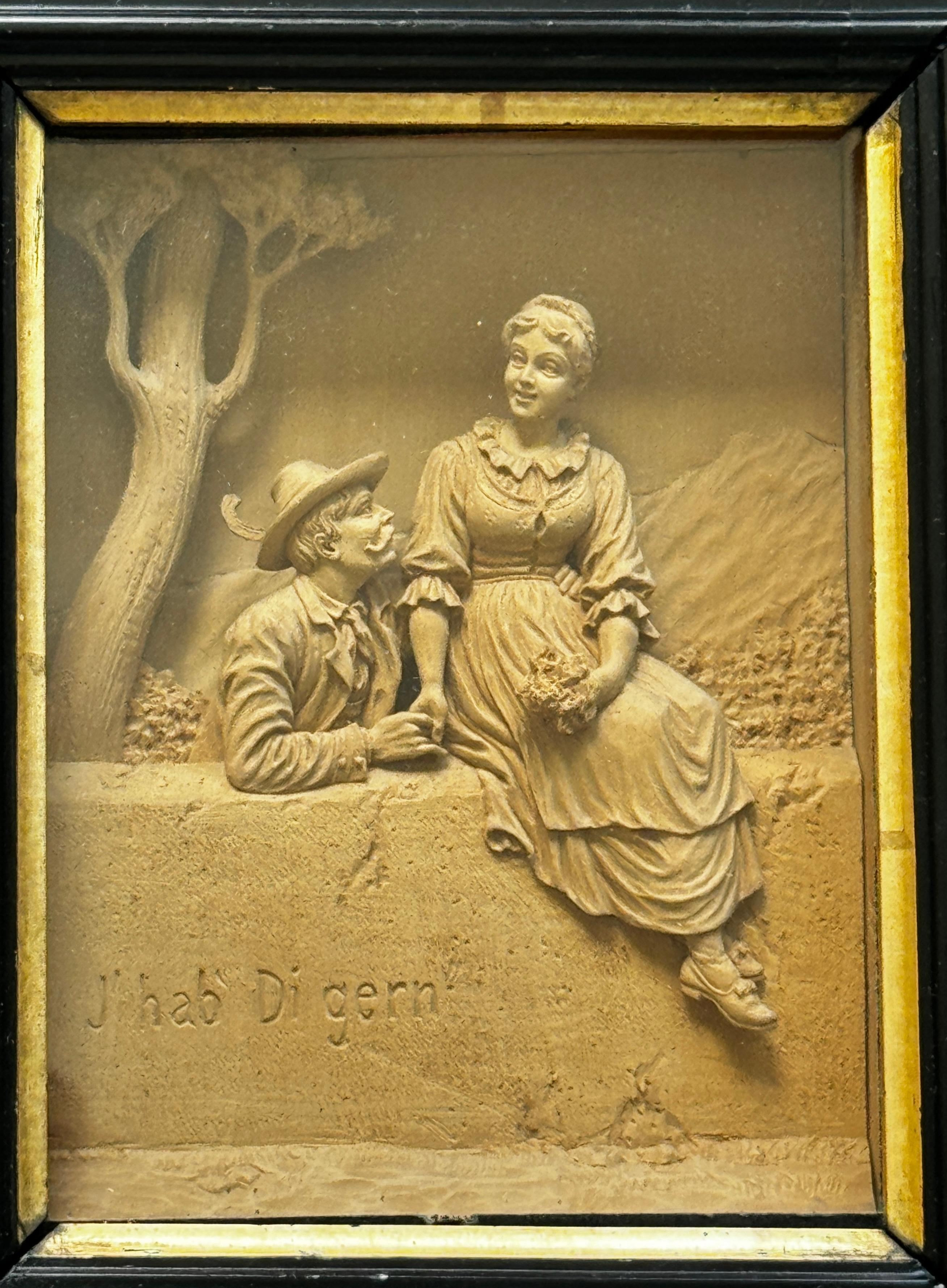 Pair of 19th Framed Century Carved Lime Wood Sculptures Depicting Romantic Scene For Sale 4