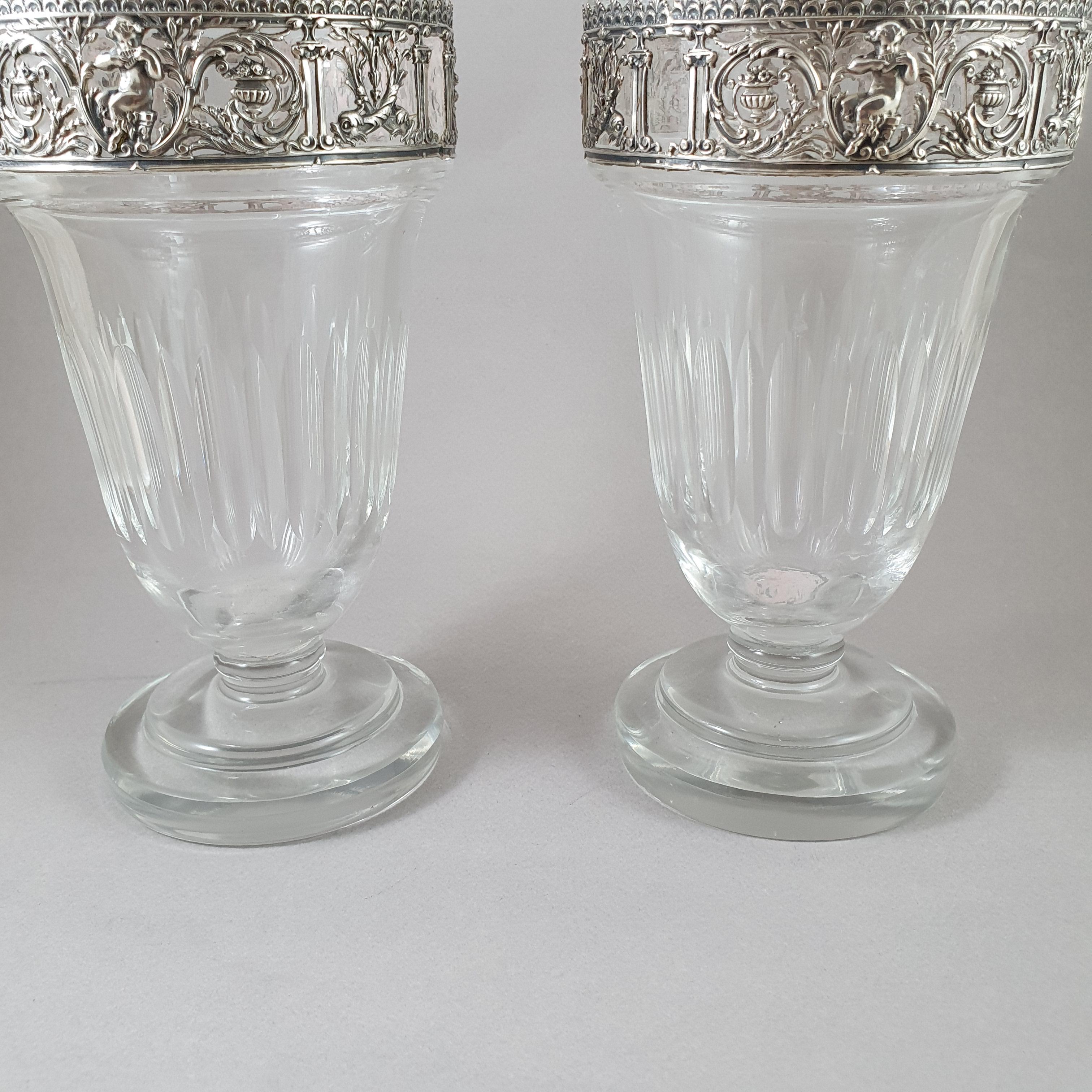 Mid-19th Century Pair of 19th French Crystal and Sterling Silver Vases 
