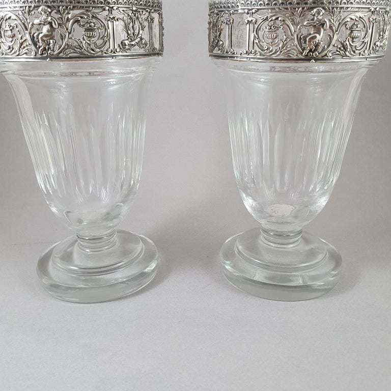 Mid-19th Century Pair of 19th French Crystal and Sterling Silver Vases  For Sale