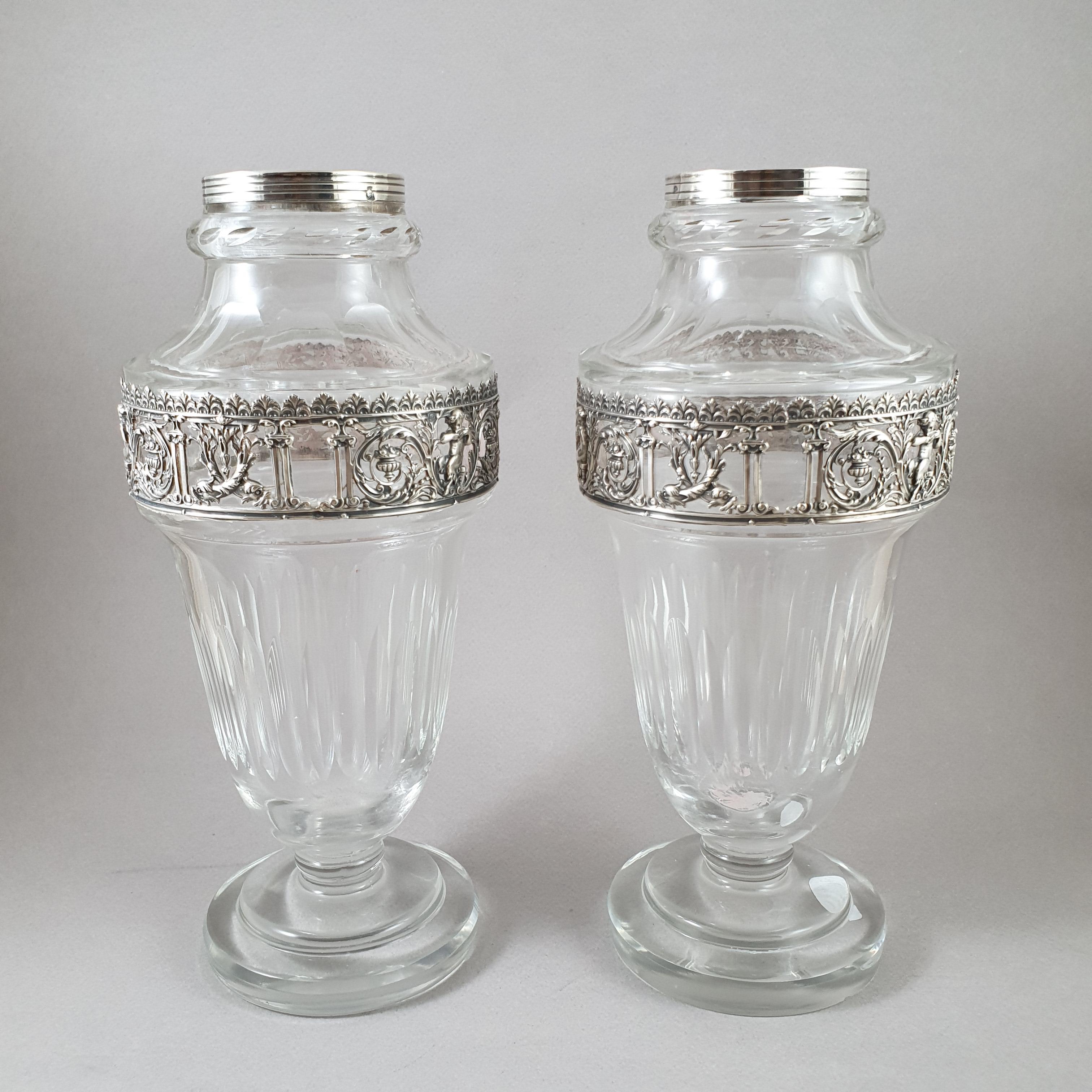 Pair of 19th French Crystal and Sterling Silver Vases  1