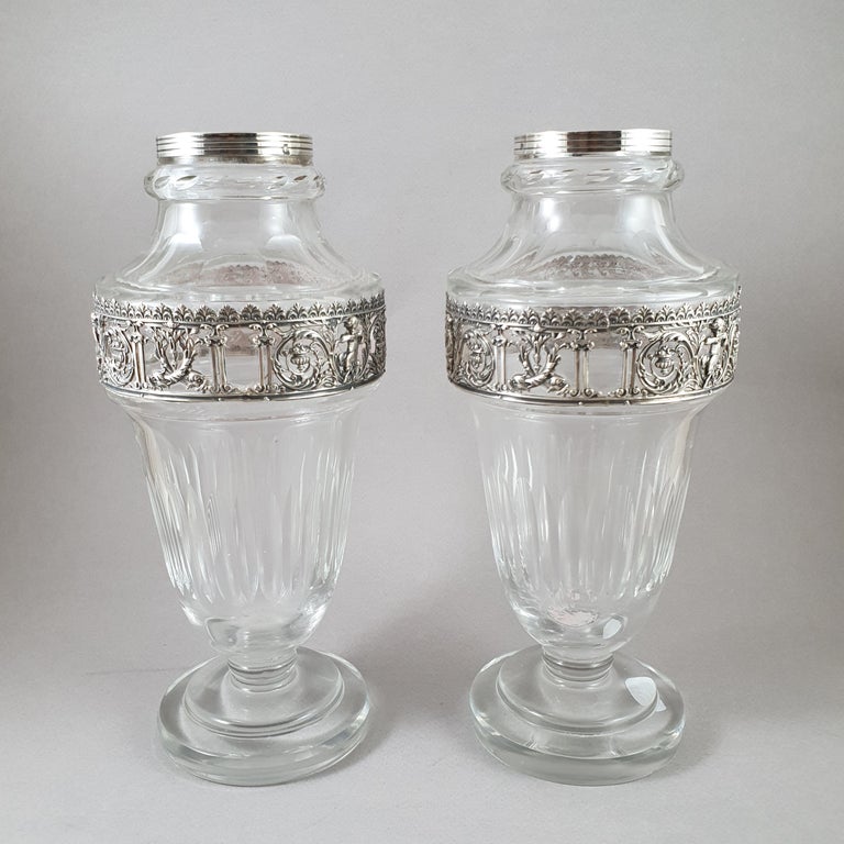 Pair of 19th French Crystal and Sterling Silver Vases  For Sale 1