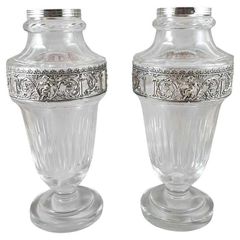 Pair of 19th French Crystal and Sterling Silver Vases  For Sale