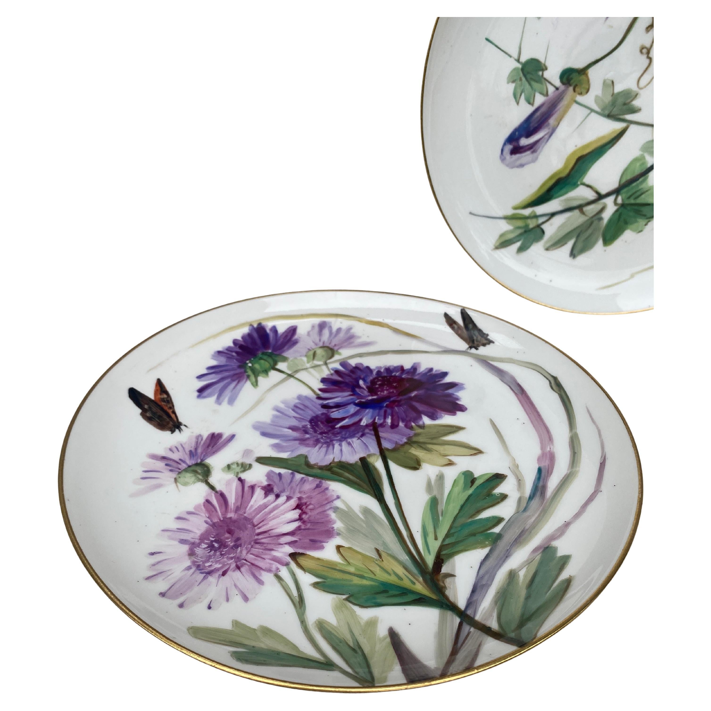 Aesthetic Movement Pair of 19th French Porcelain Plates Flowers & Butterflies Limoges For Sale