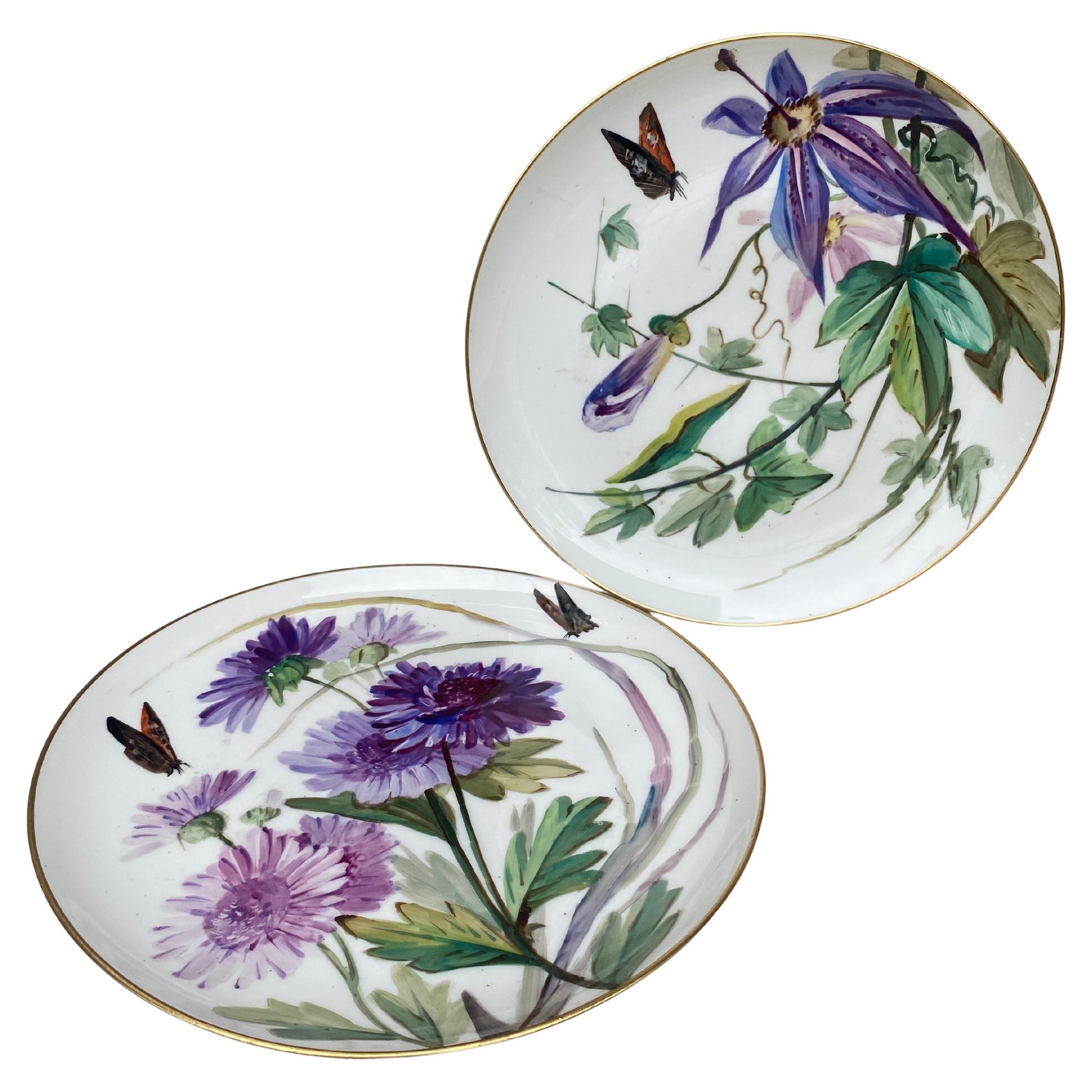 Pair of 19th French Porcelain Plates Flowers & Butterflies Limoges For Sale