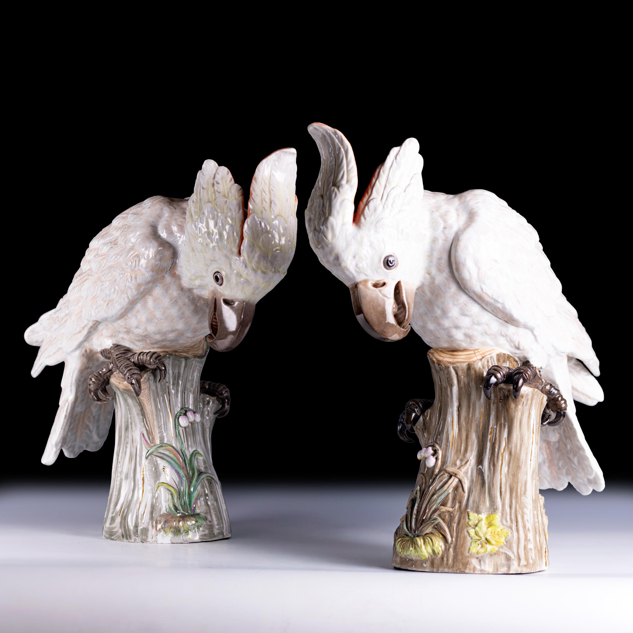 A pair of 19th century Meissen painted porcelain models of Female Cockatoos, sitting on a tree stump with flowers and foliage, with underglazed blue crossed swords mark to base and incised '1778'.

Circa 1870

German

H: 14.96 in / 38 cm ; Head -