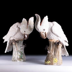 Pair Of 19th German Meissen Painted Porcelain Models Of Female Cockatoos
