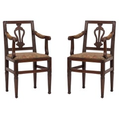 Pair of 19th Italian Neoclassic Walnut Lyre Back Armchairs