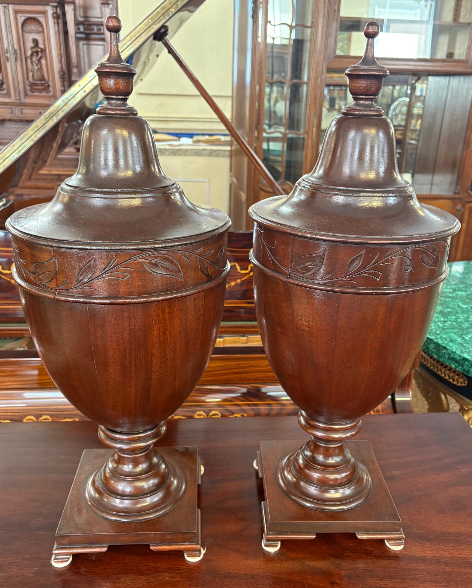 Pair of 19th Mahogany English Regency Style Urn Knife Boxes Circa 1900 For Sale 5