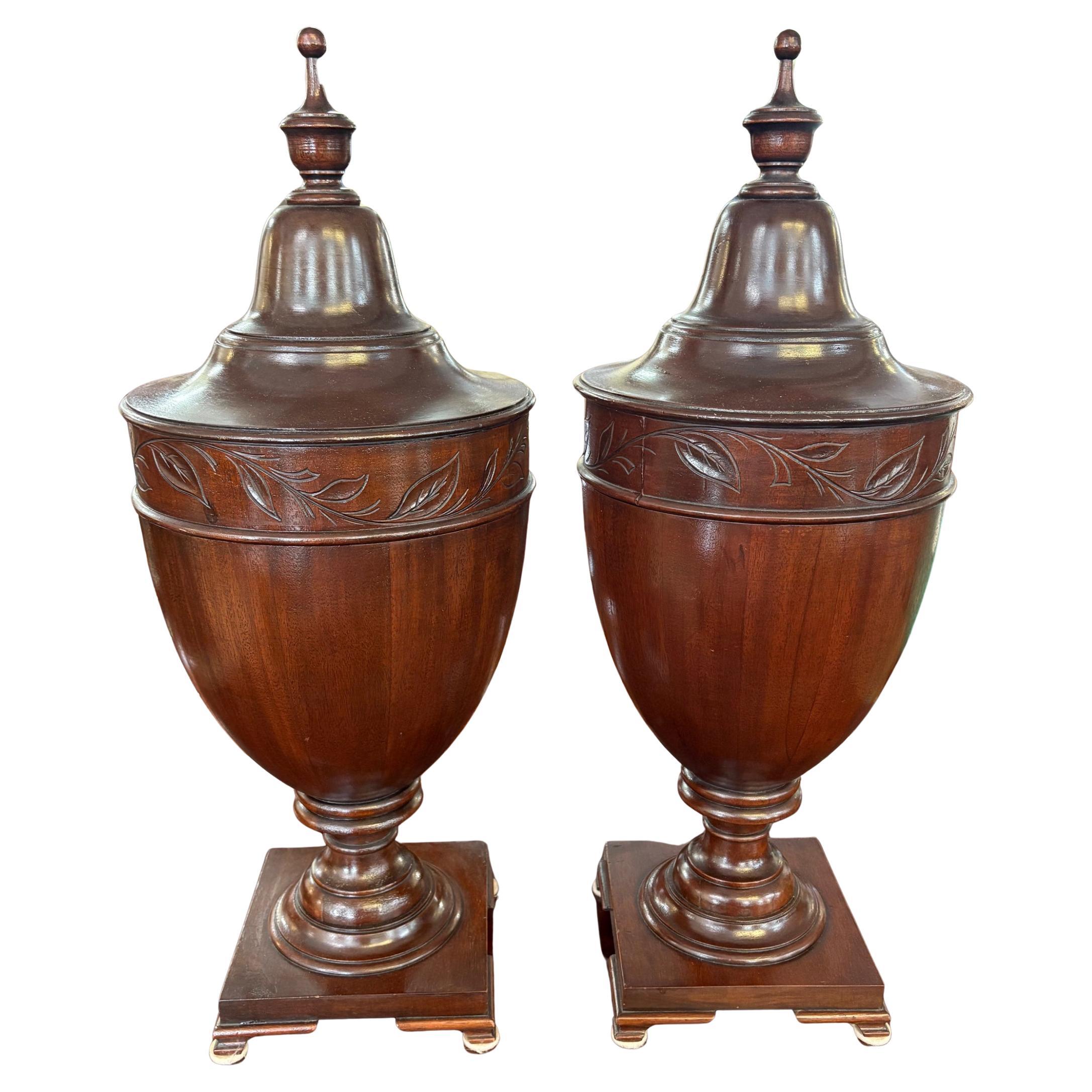 Pair of 19th Mahogany English Regency Style Urn Knife Boxes Circa 1900 For Sale