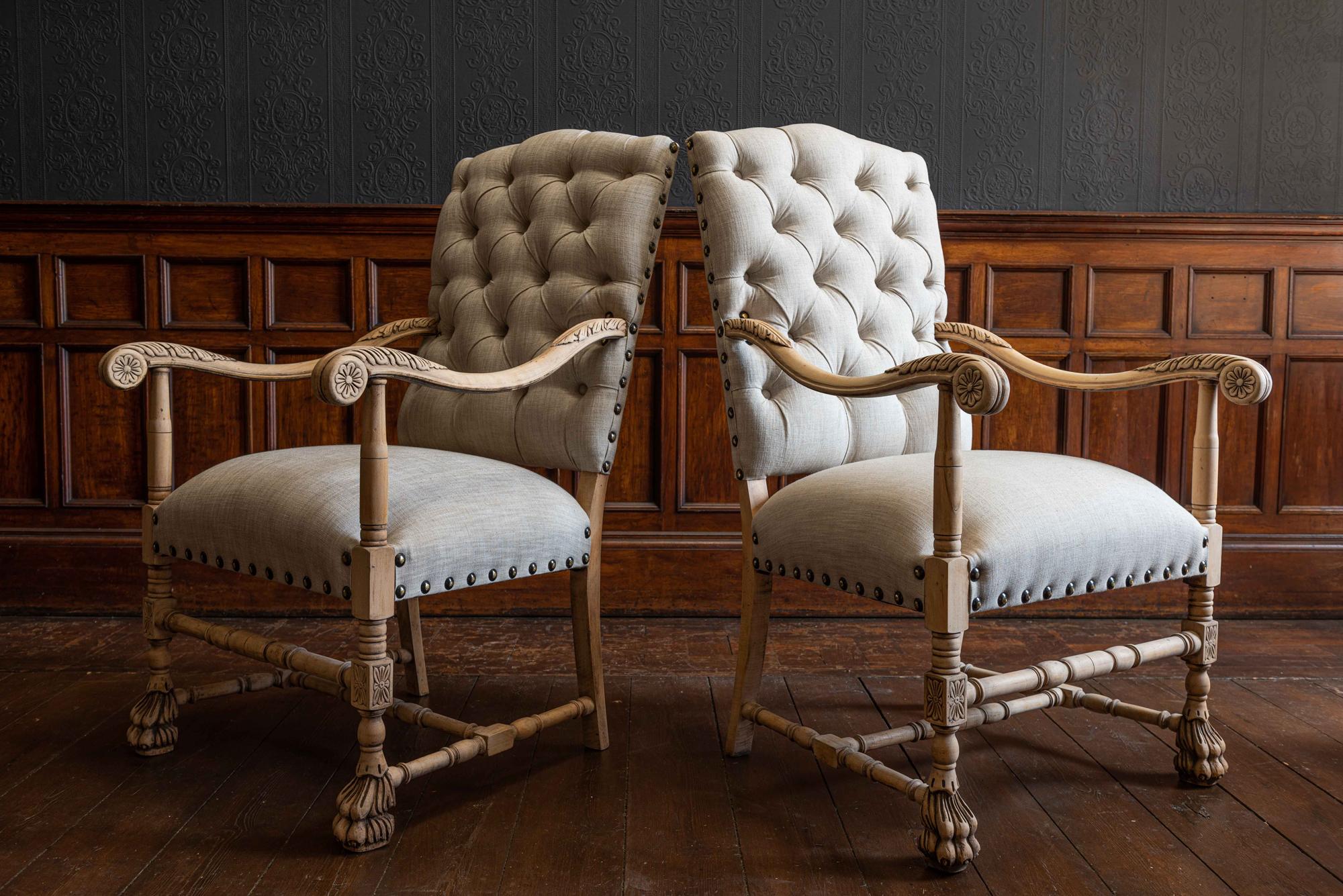 Pair of 19th Century French Library Armchairs Reupholstered in Linen 7