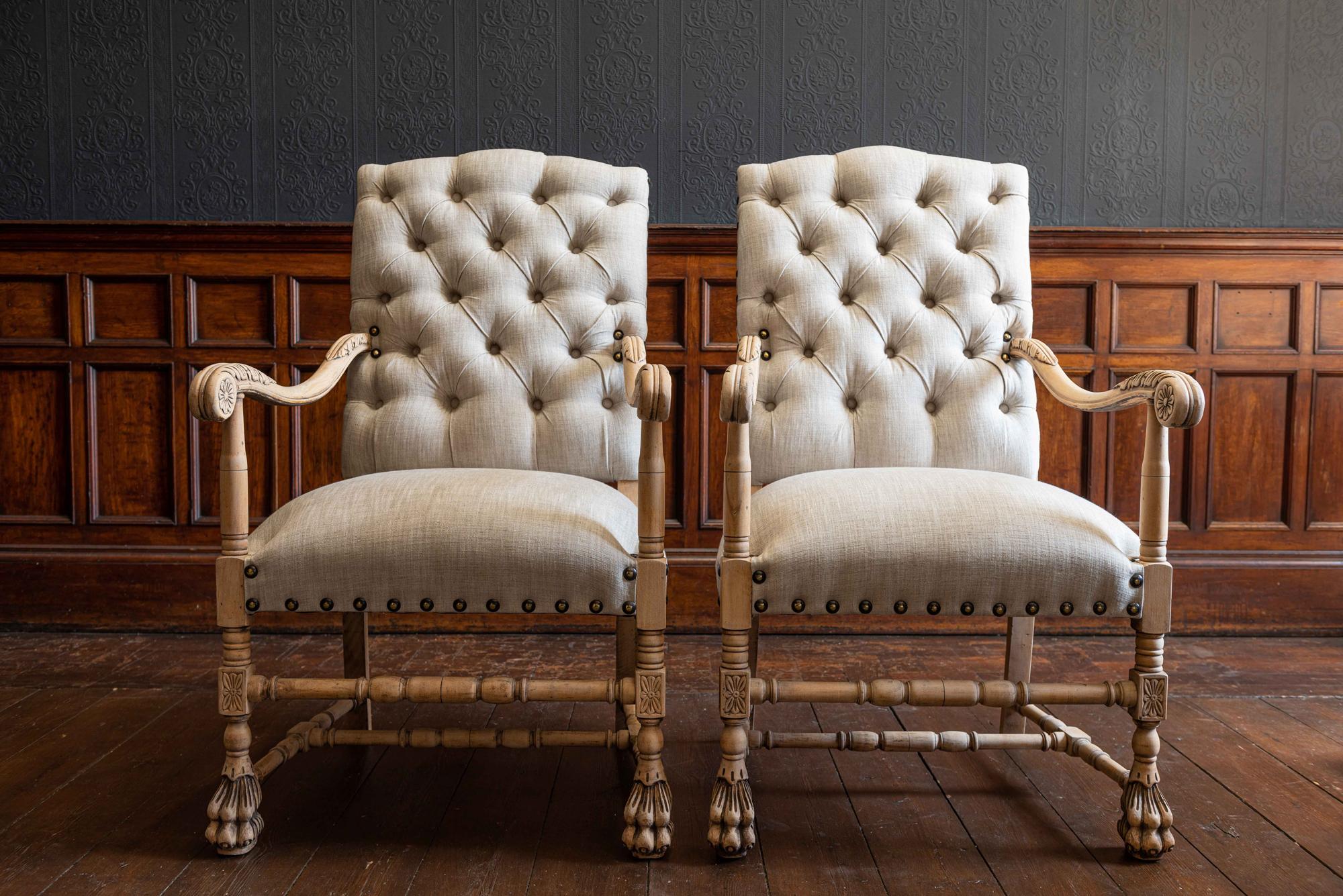 Belgian Pair of 19th Century French Library Armchairs Reupholstered in Linen