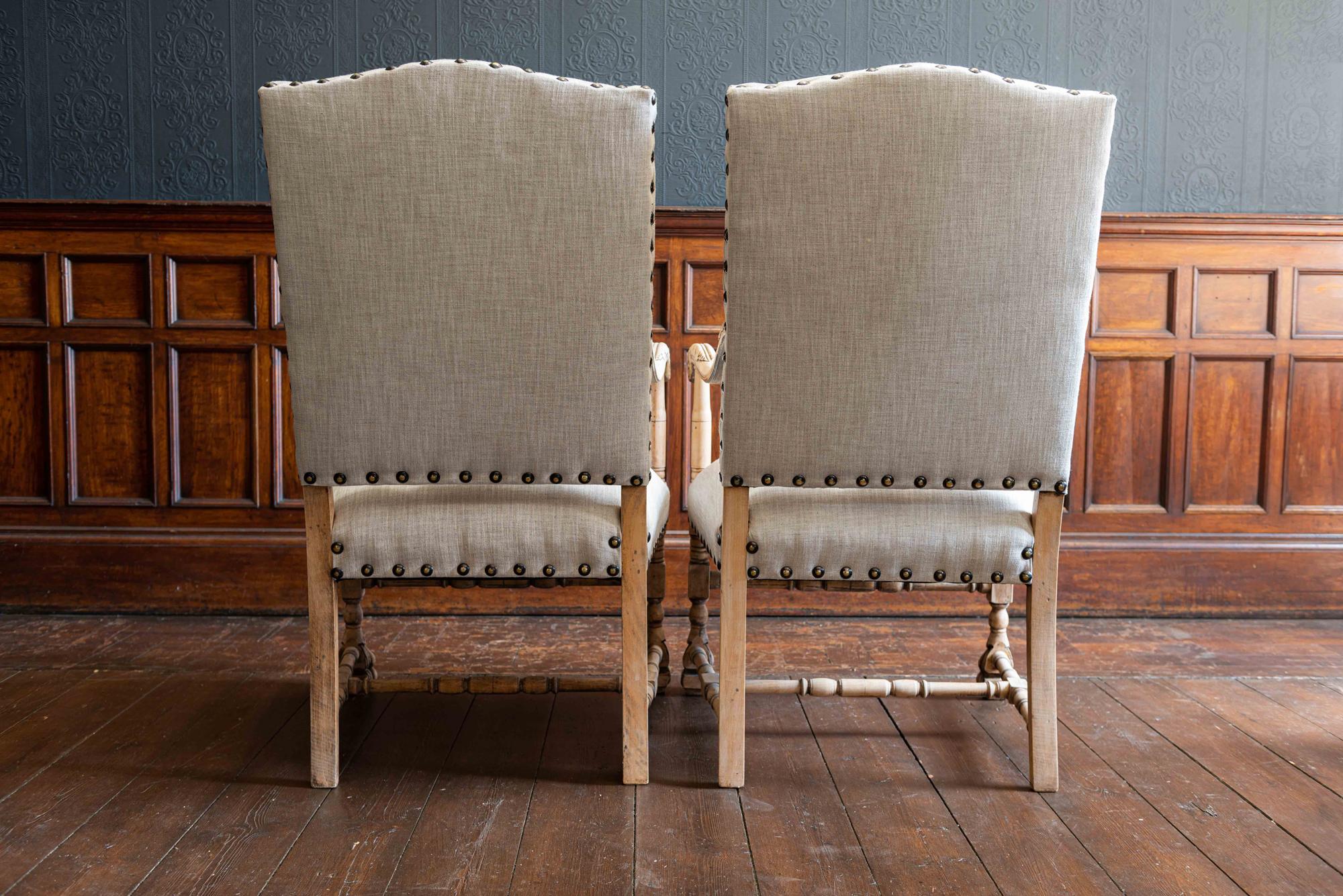 Bleached Pair of 19th Century French Library Armchairs Reupholstered in Linen